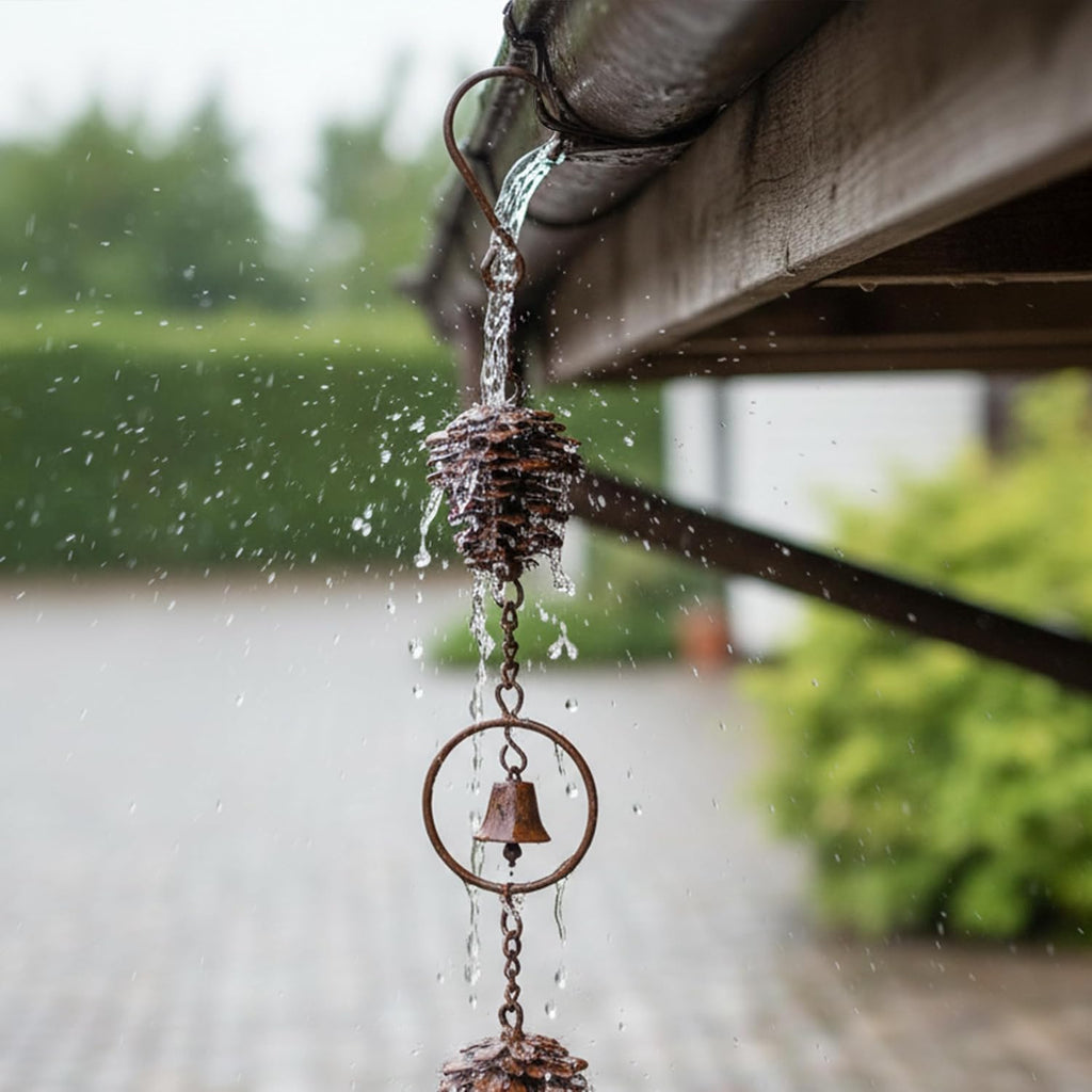 3.6 Feet Pinecone Rain Chains Gutters, Pinecone Shaped Iron Metal Downpipe Outside Catcher, Decorative Pine Cones and