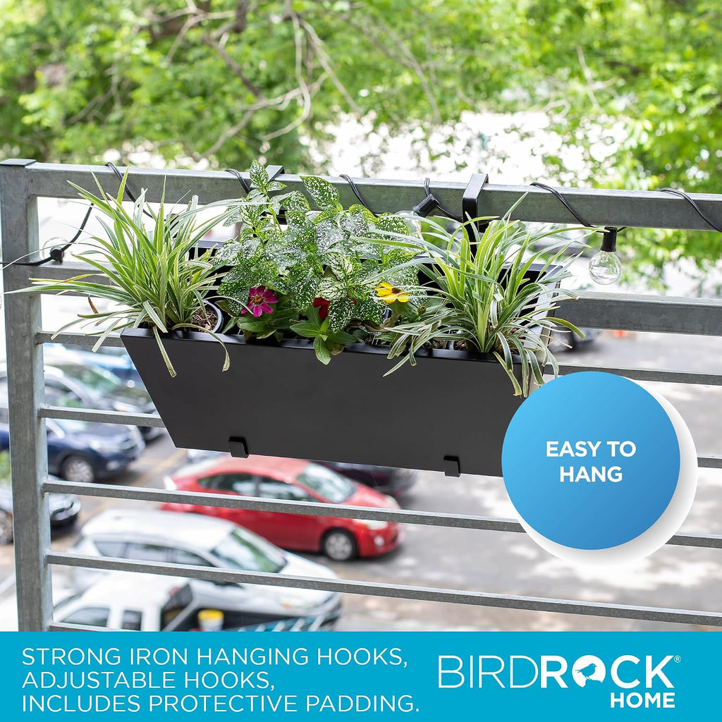 BIRDROCK HOME 2pk Metal Railing Planter Box | Flower Boxes for Deck Railings | Adjustable Rail Hanging Bracket | Black