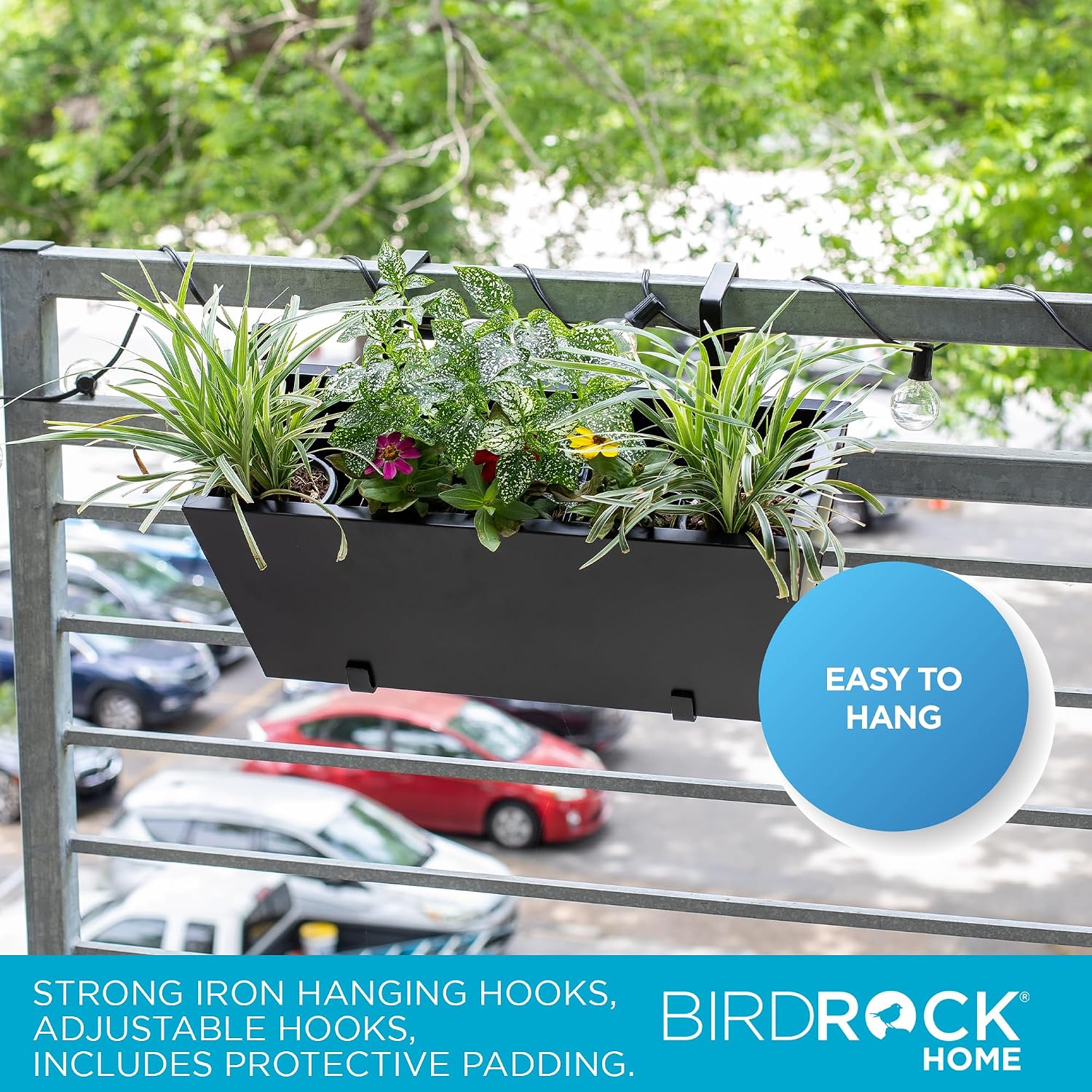 BIRDROCK HOME 2pk Metal Railing Planter Box | Flower Boxes for Deck Railings | Adjustable Rail Hanging Bracket | Black