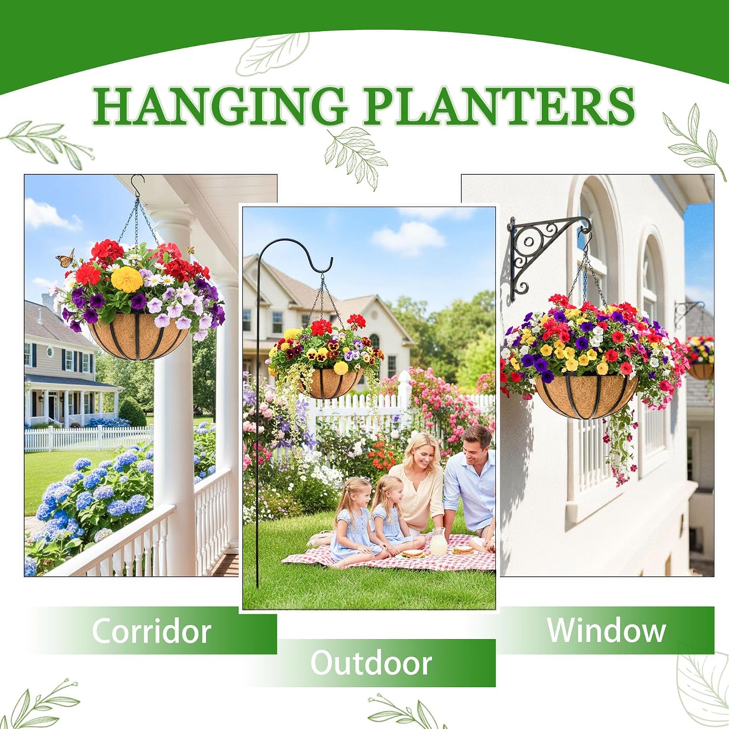 Hanging Planters for Outdoor Plants 4 Pack 14 inch Metal Hanging Flower Basket with Coco Coir Liner Wire Plant Holder