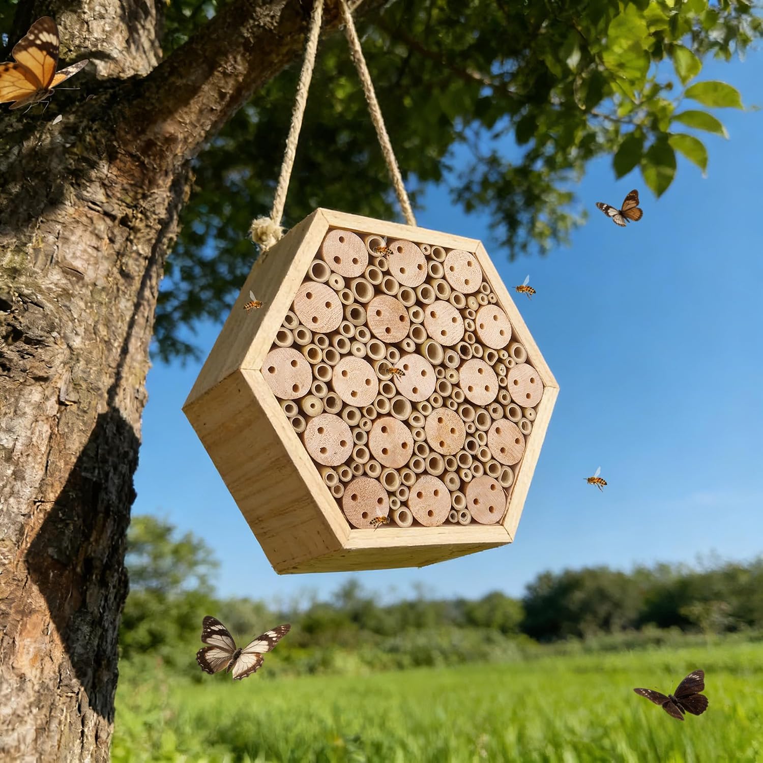 Mason Bee House, Natural Wooden Hexagon Bee House with Metal Stake & Cleaning Brush, Hanging Bees Box Habitat to