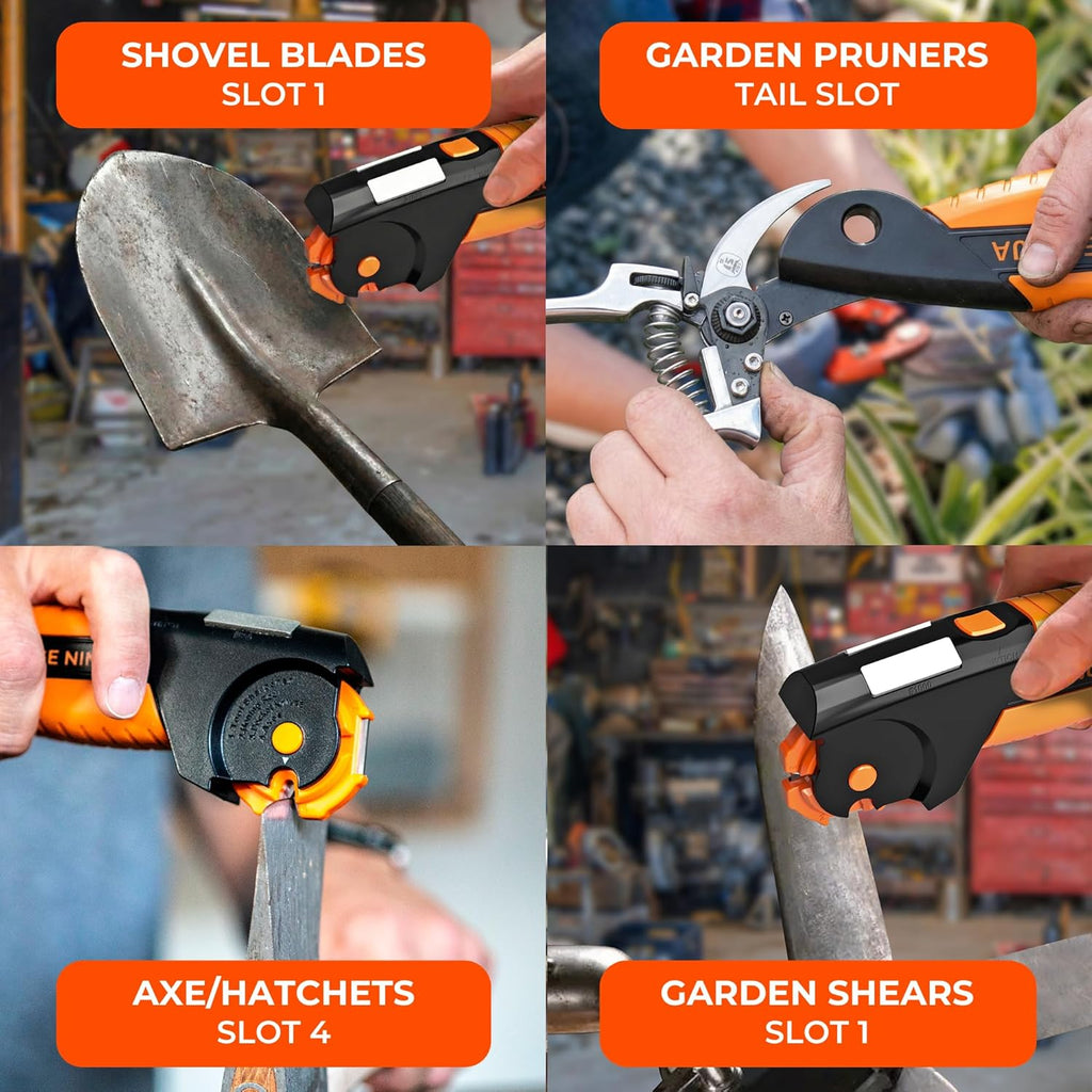 Orange Ninja 7-in-1 Garden Tool & Knife Sharpener- One Tool for Every Blade | Sharpens Axes, Hatchets, Machetes