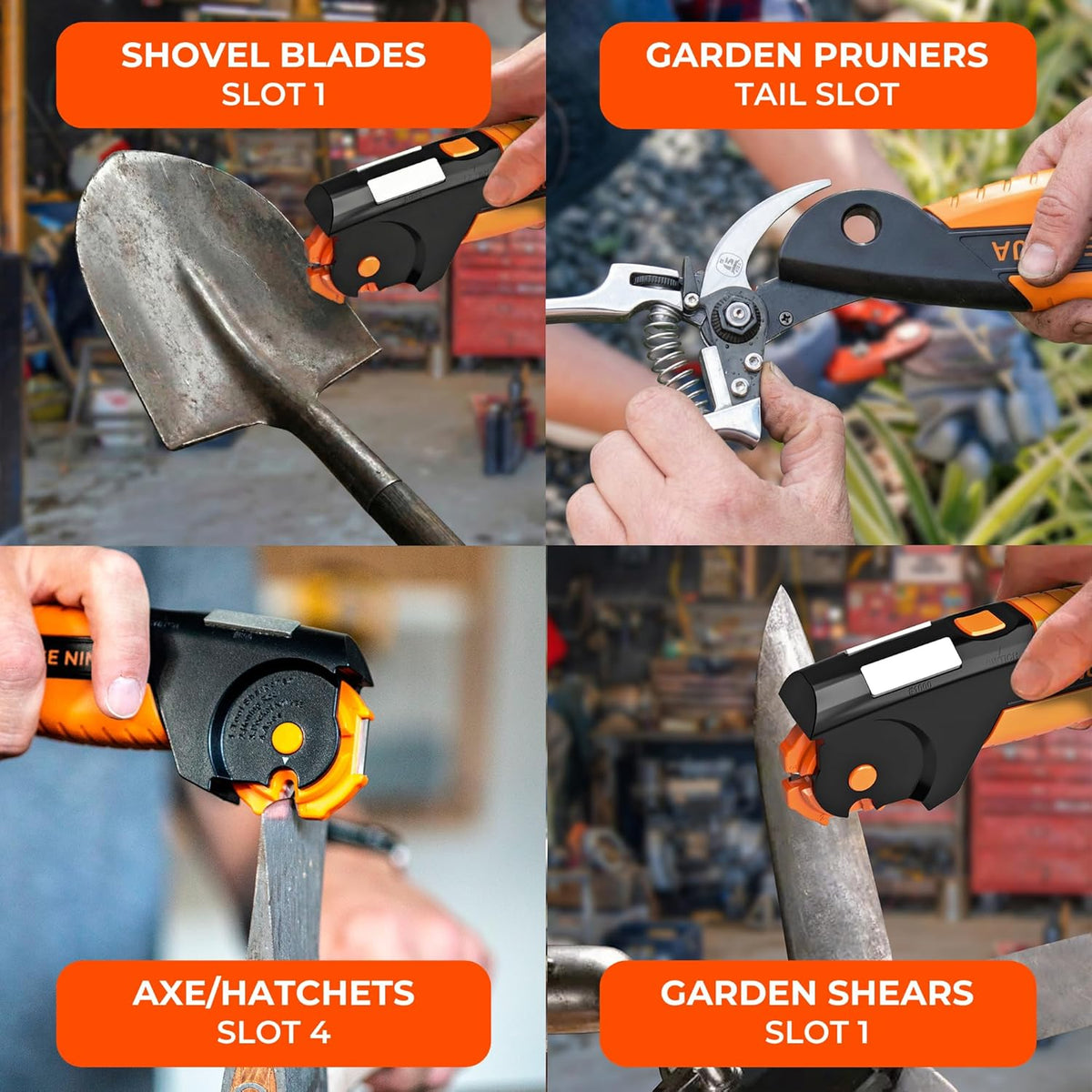 Orange Ninja 7-in-1 Garden Tool & Knife Sharpener- One Tool for Every Blade | Sharpens Axes, Hatchets, Machetes