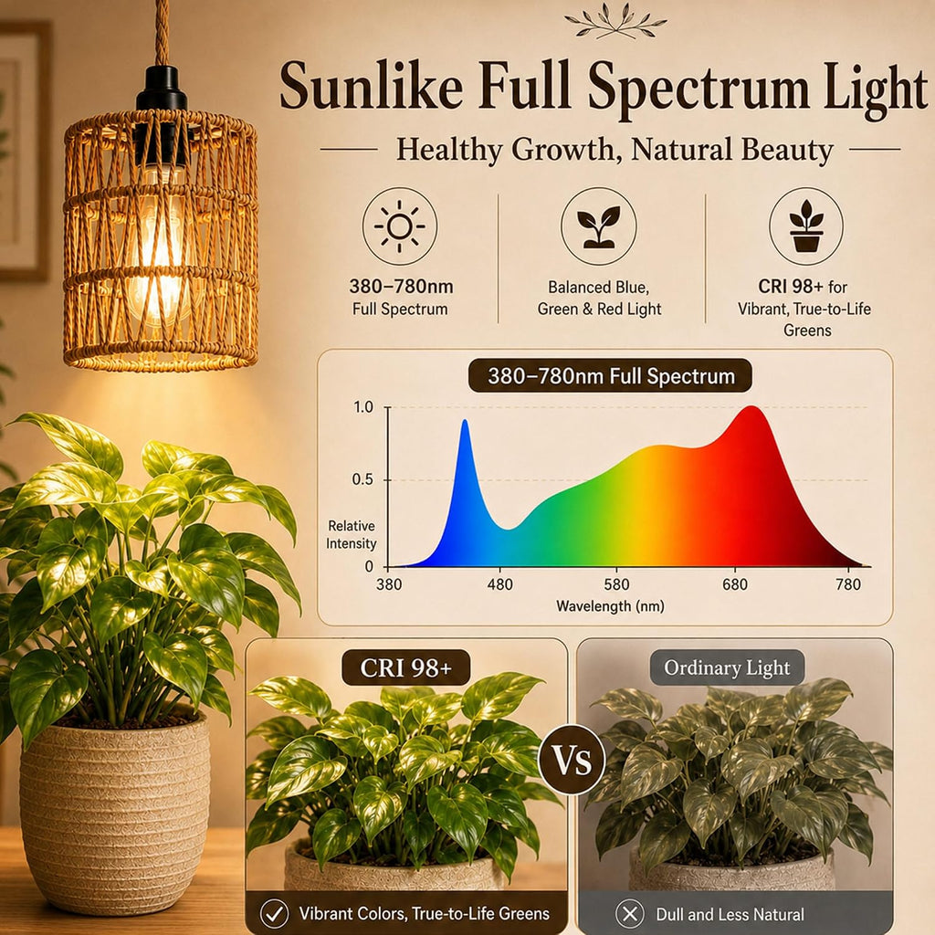 2 Pack Hanging Grow Lights for Indoor Plants Boho Rattan Plant Light | 15FT Power Cord with Timer, 15W Full Spectrum