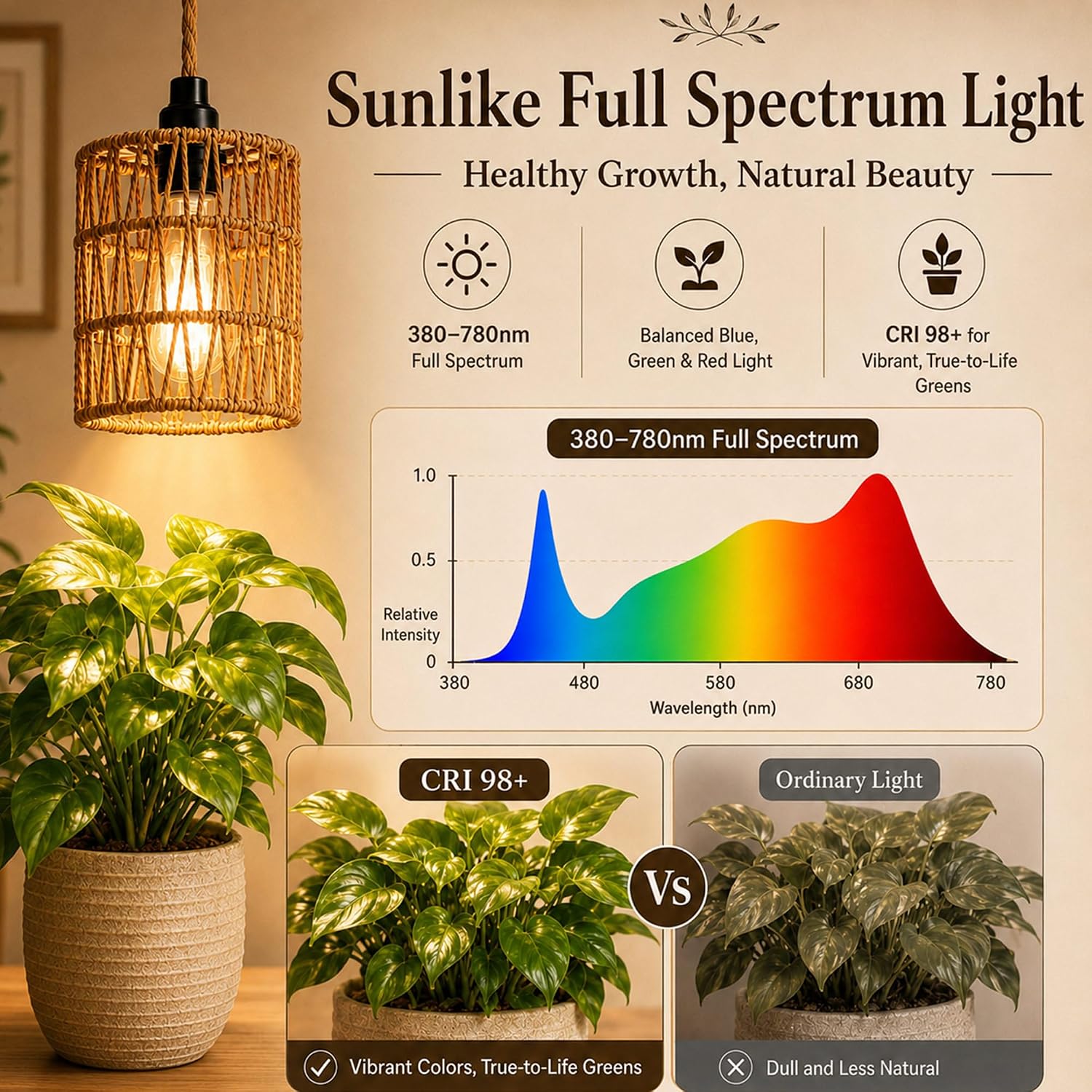 2 Pack Hanging Grow Lights for Indoor Plants Boho Rattan Plant Light | 15FT Power Cord with Timer, 15W Full Spectrum