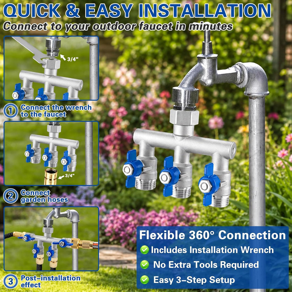 304 Stainless Steel 3 Way Garden Hose Splitter, Heavy Duty Hose Splitter with 3 Shut-Off Valves, 3/4" GHT Outdoor