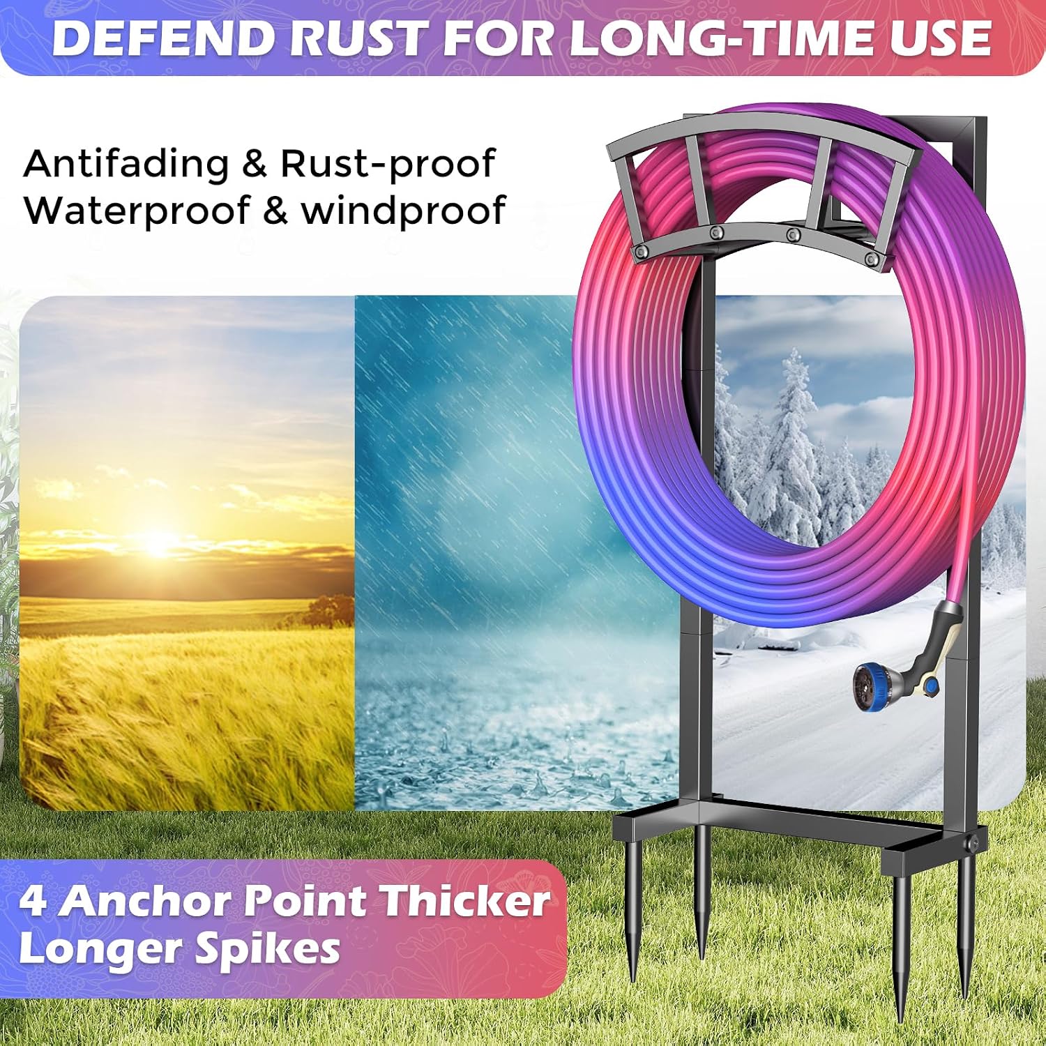 Garden Hose Holder Freestanding, Outdoor Heavy Duty Water Hose Holder Reel with 4 Spikes Holds 150-ft Water Pipe