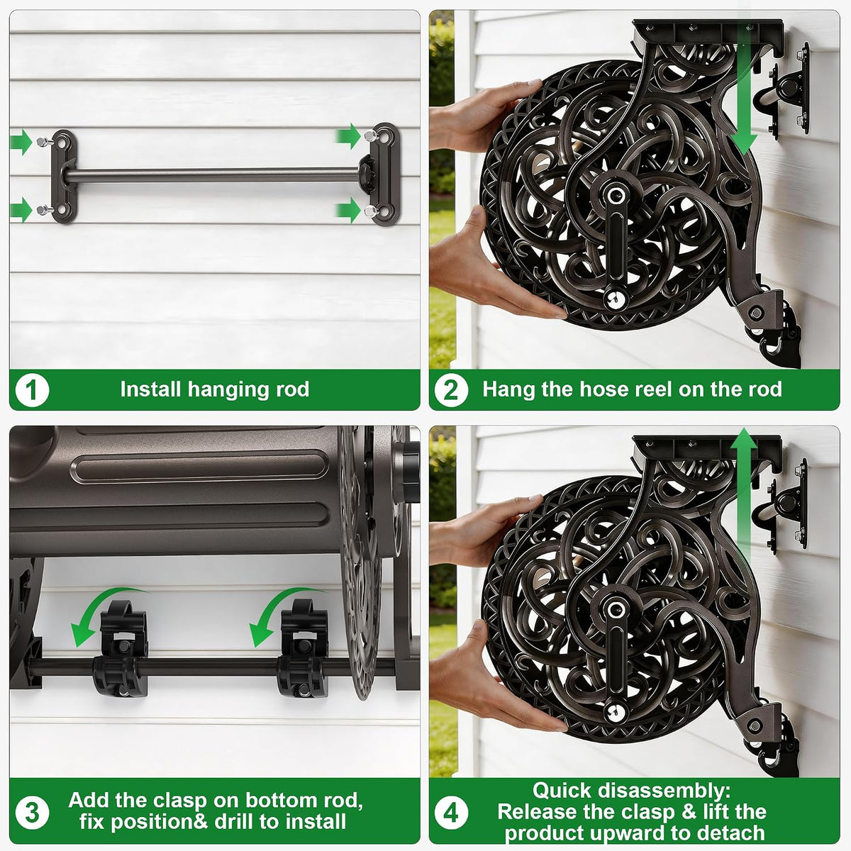 Garden Hose Reel Wall Mount Metal, Holds 125 ft x 5/8" Decorative Water Hose Holder for Outside Storage, Heavy Duty