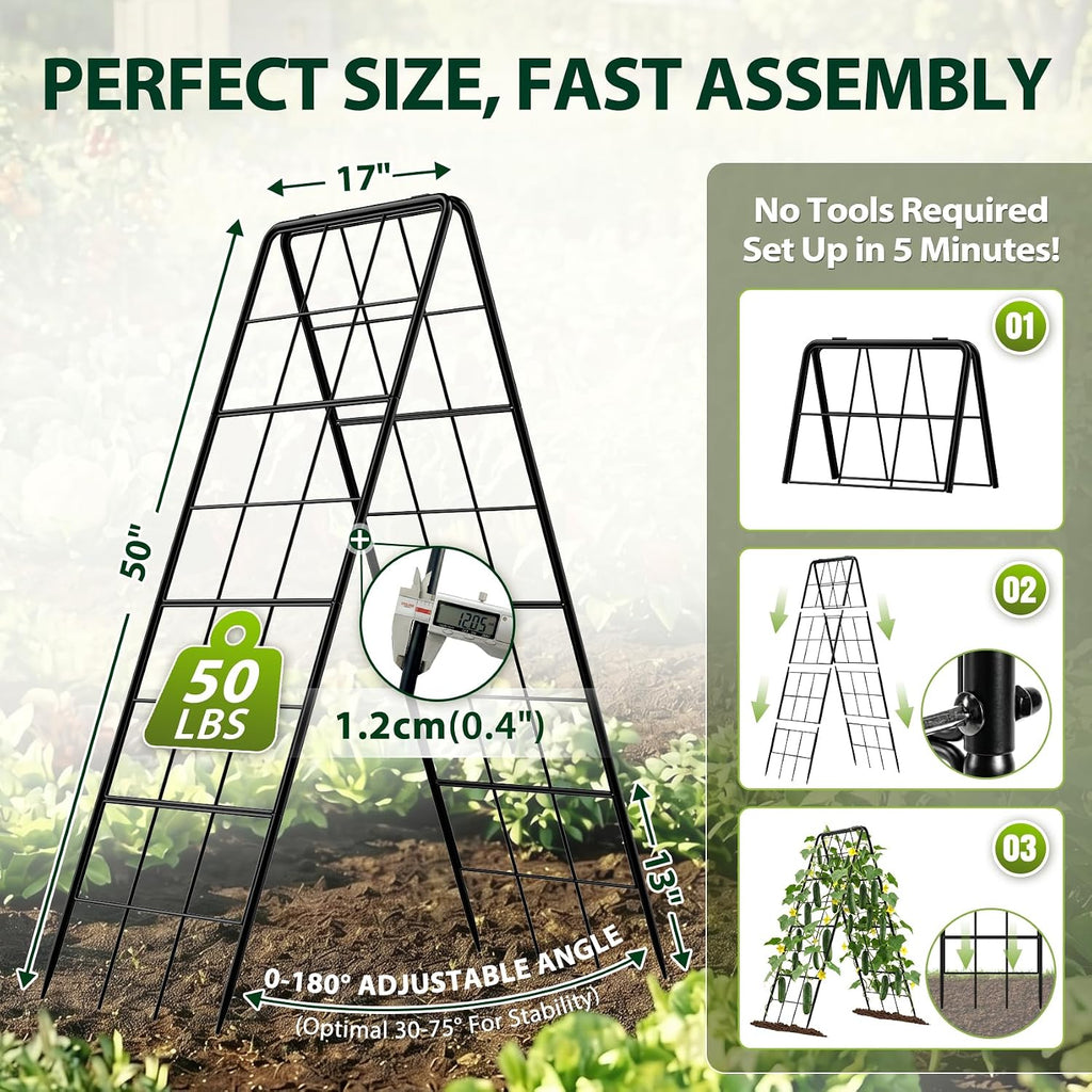 2 Pack 50" Tall A Frame Trellis for Climbing Plants Outdoor (50" X 17") – Heavy Duty Garden Adjustable Trellis, Metal