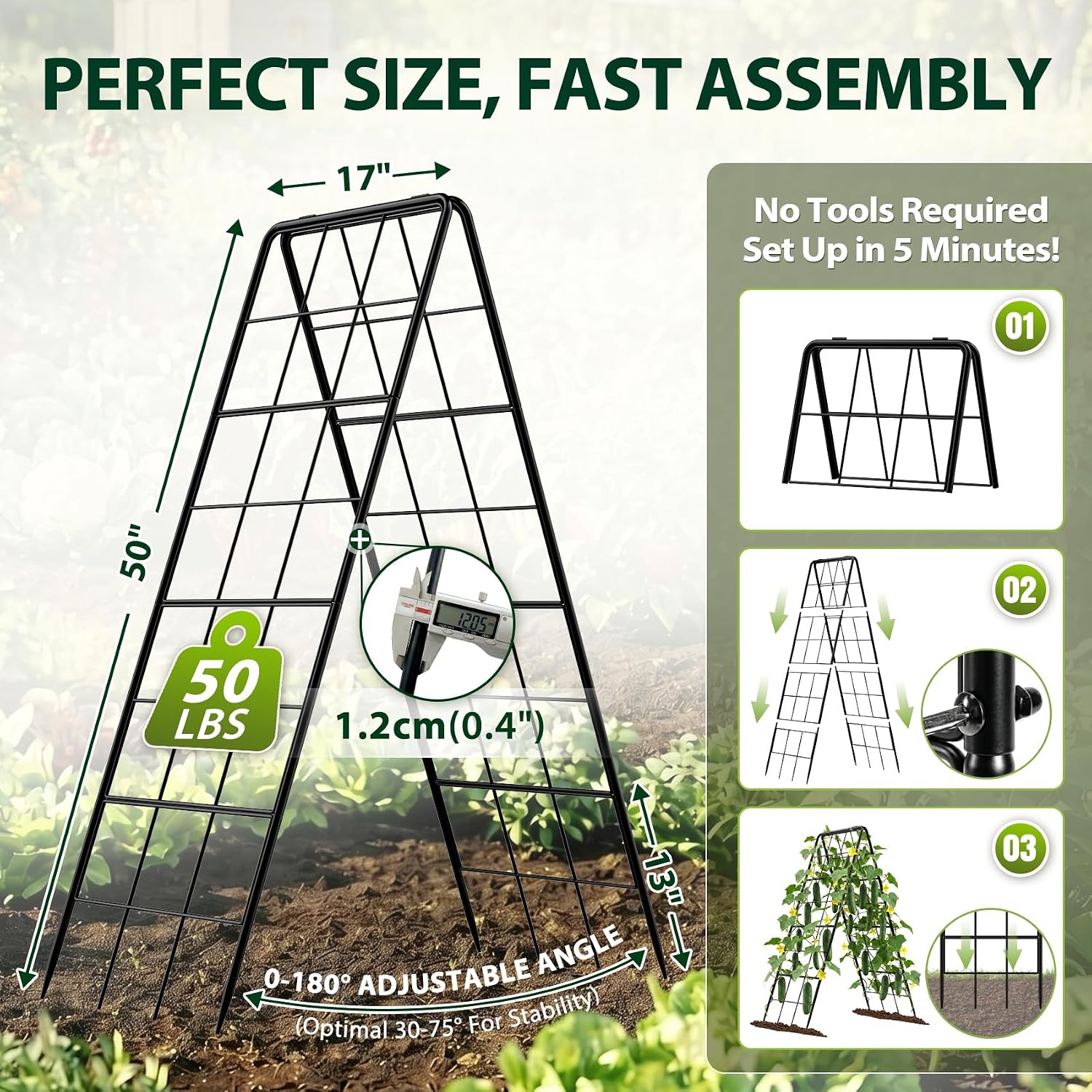 2 Pack 50" Tall A Frame Trellis for Climbing Plants Outdoor (50" X 17") – Heavy Duty Garden Adjustable Trellis, Metal