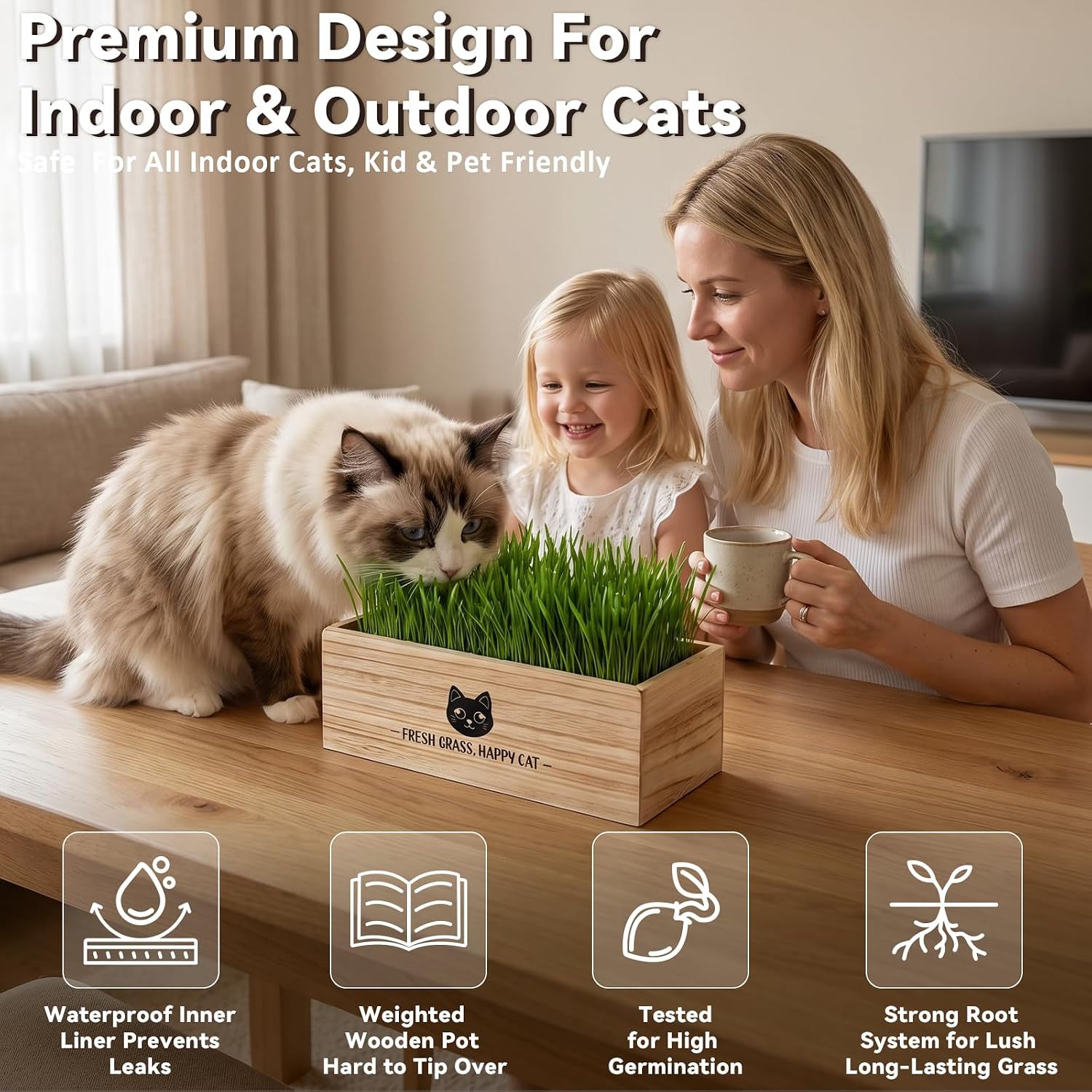 Cat Grass Kit for Indoor Cats Non-GMO Wheatgrass Seeds Growing Set | Wooden Planter with Liner, x6 Seed Packs & Coconut