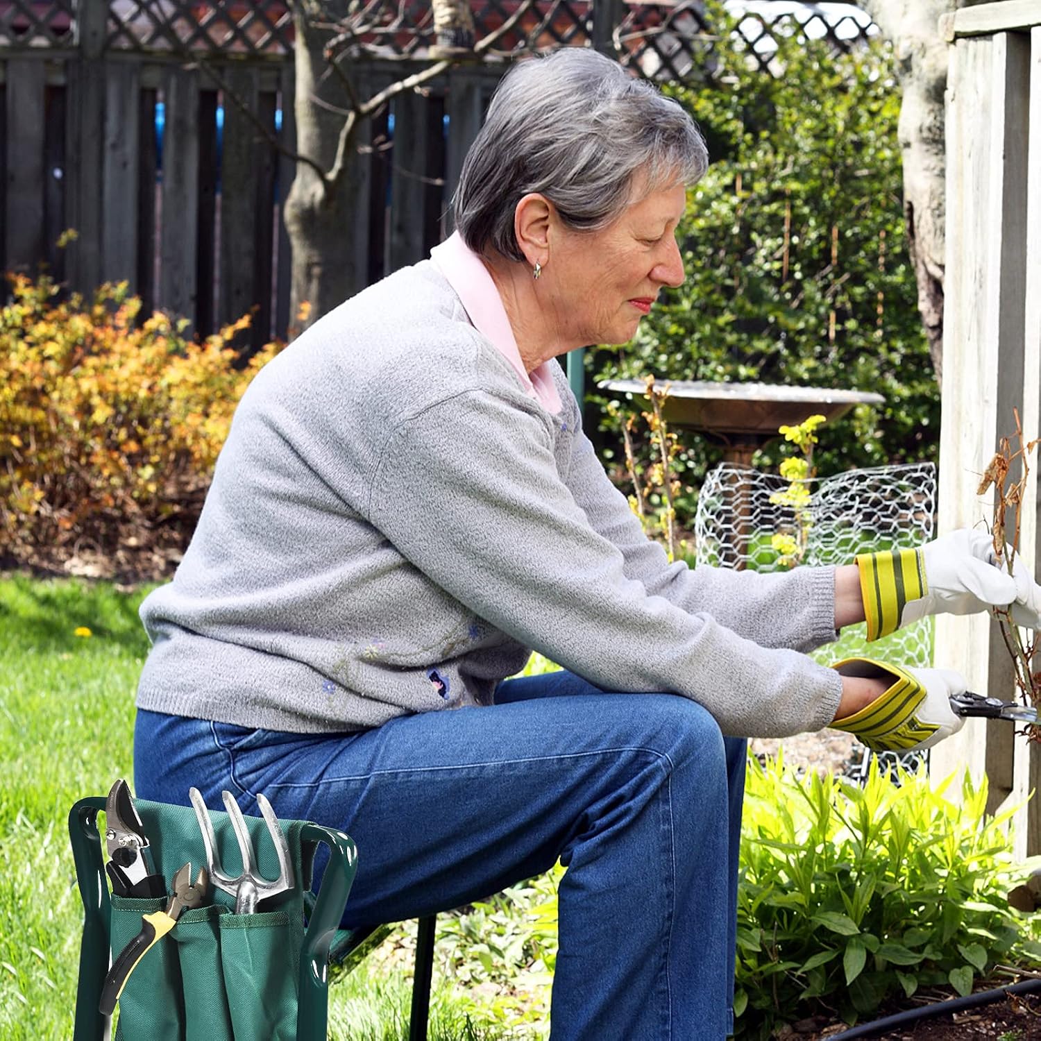 2-in-1 Garden Kneeler & Seat, Folding Seat w/EVA Foam Kneeling Pad & Removable Tools Pouch, Sturdy Steel Frame, No