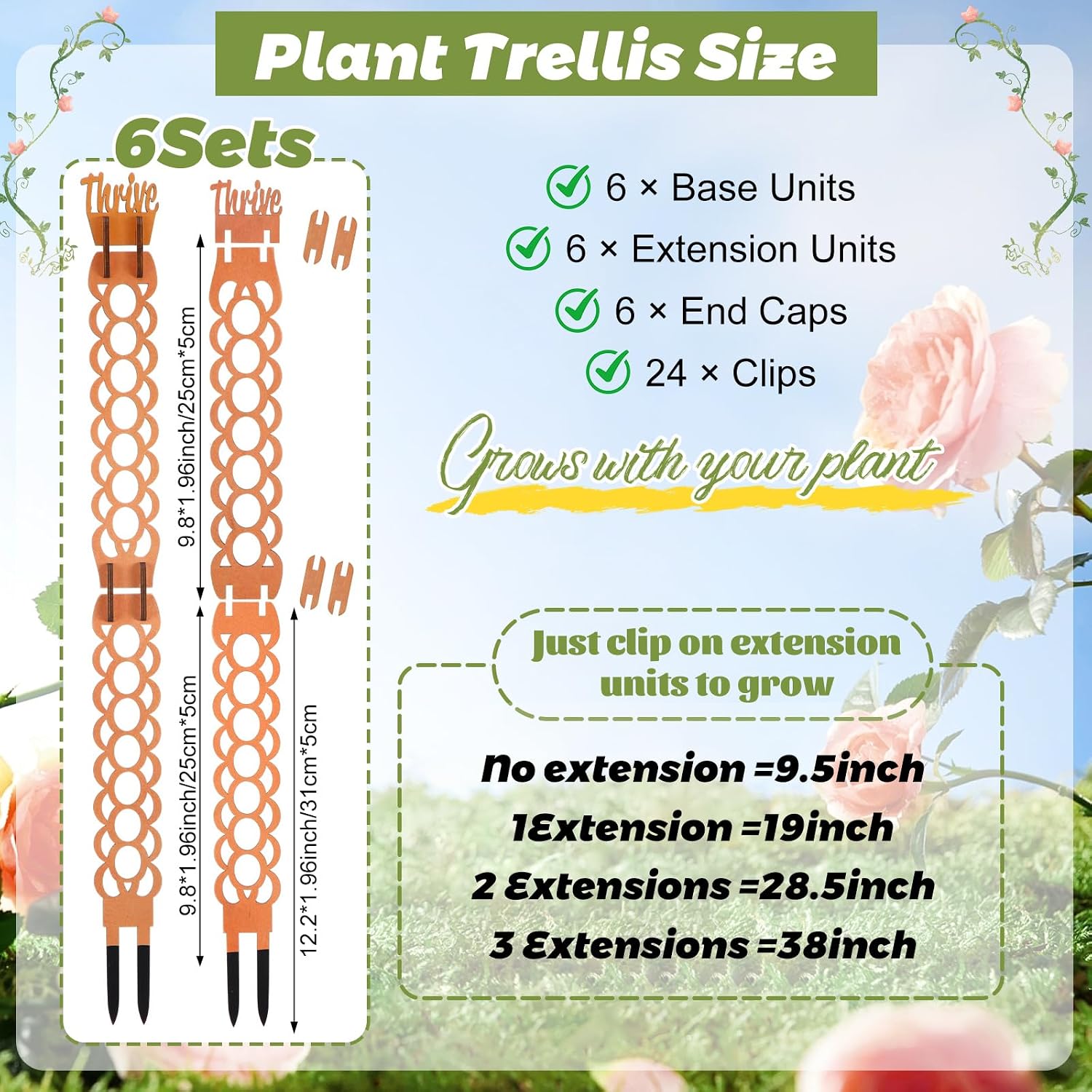 6 Sets Wooden Extendable Plants Trellis Indoor Modular Plant Trellis with Wood Thrive Sign Decor and Extensions for