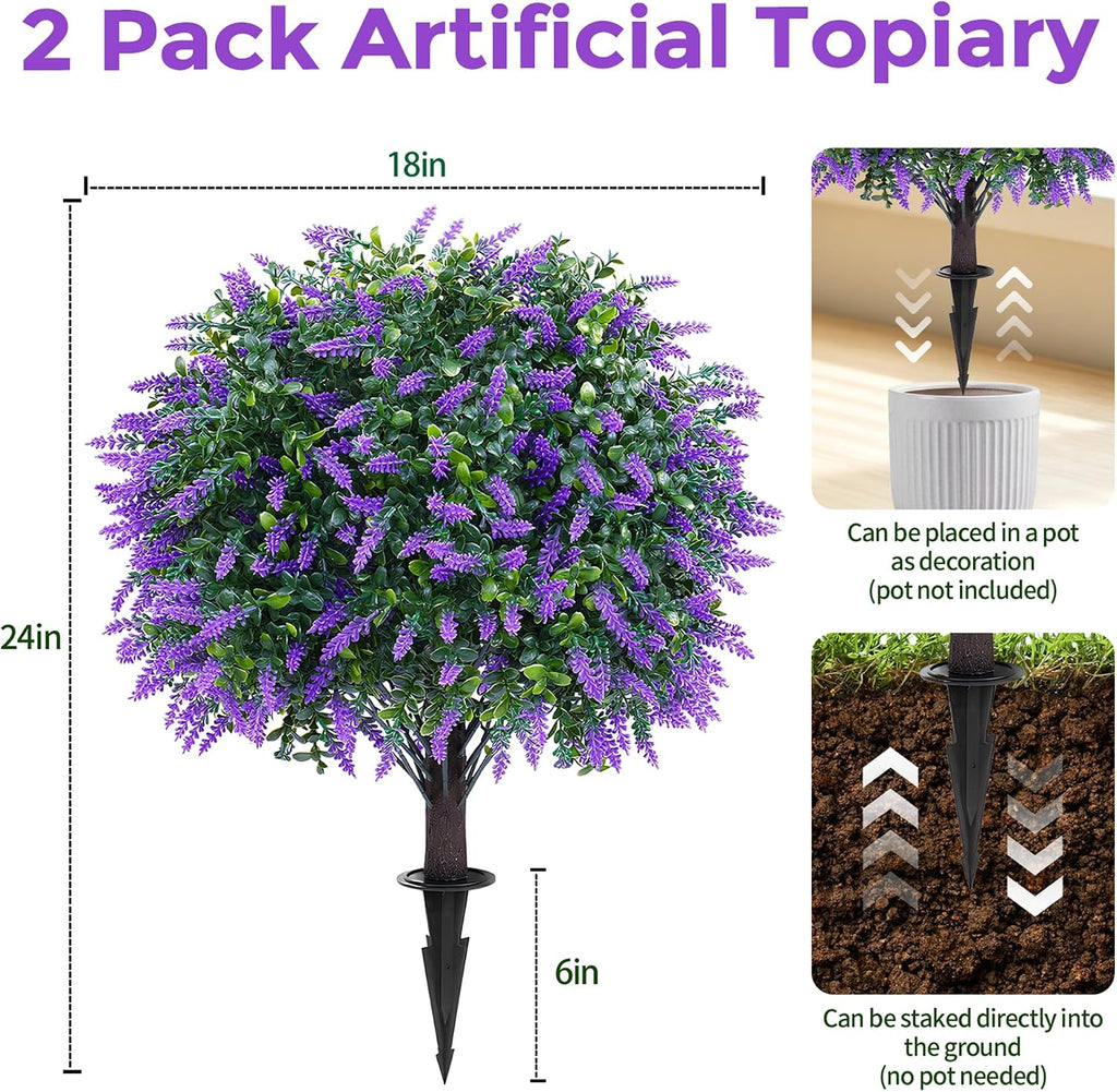 Artificial Lavender Boxwood Topiary Ball Trees Set of 2 Fake Shrubs Bushes | UV Resistant indoor outdoor faux evergreen