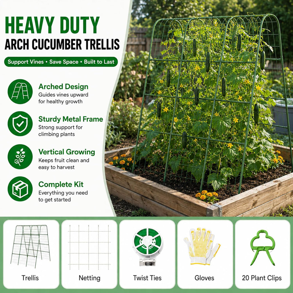 63" Tall Garden Trellis for Climbing Plants, 16mm Heavy Duty Metal Frame Cucumber Trellis with Netting, 20 Plant Clips
