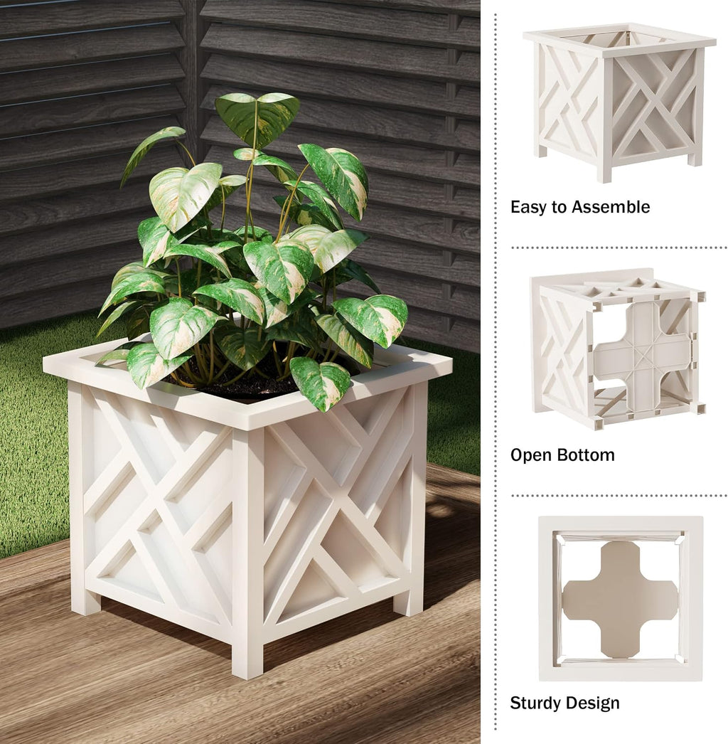 Lattice Design Outdoor Planter Box 2-Pack - 14.75” Square 13” Tall White Decorative Plant Pots for Front Porch Decor