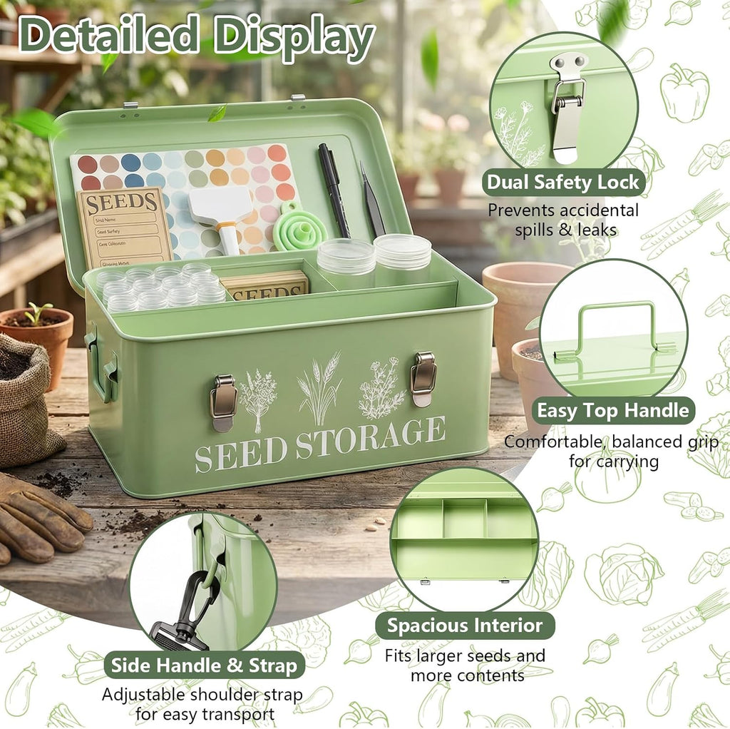 Seed Storage Organizer with Strap, 10 Large & 30 Small Bottles, Dual Locks | 70 Labels and 60 Seed Envelopes.Zinc Alloy