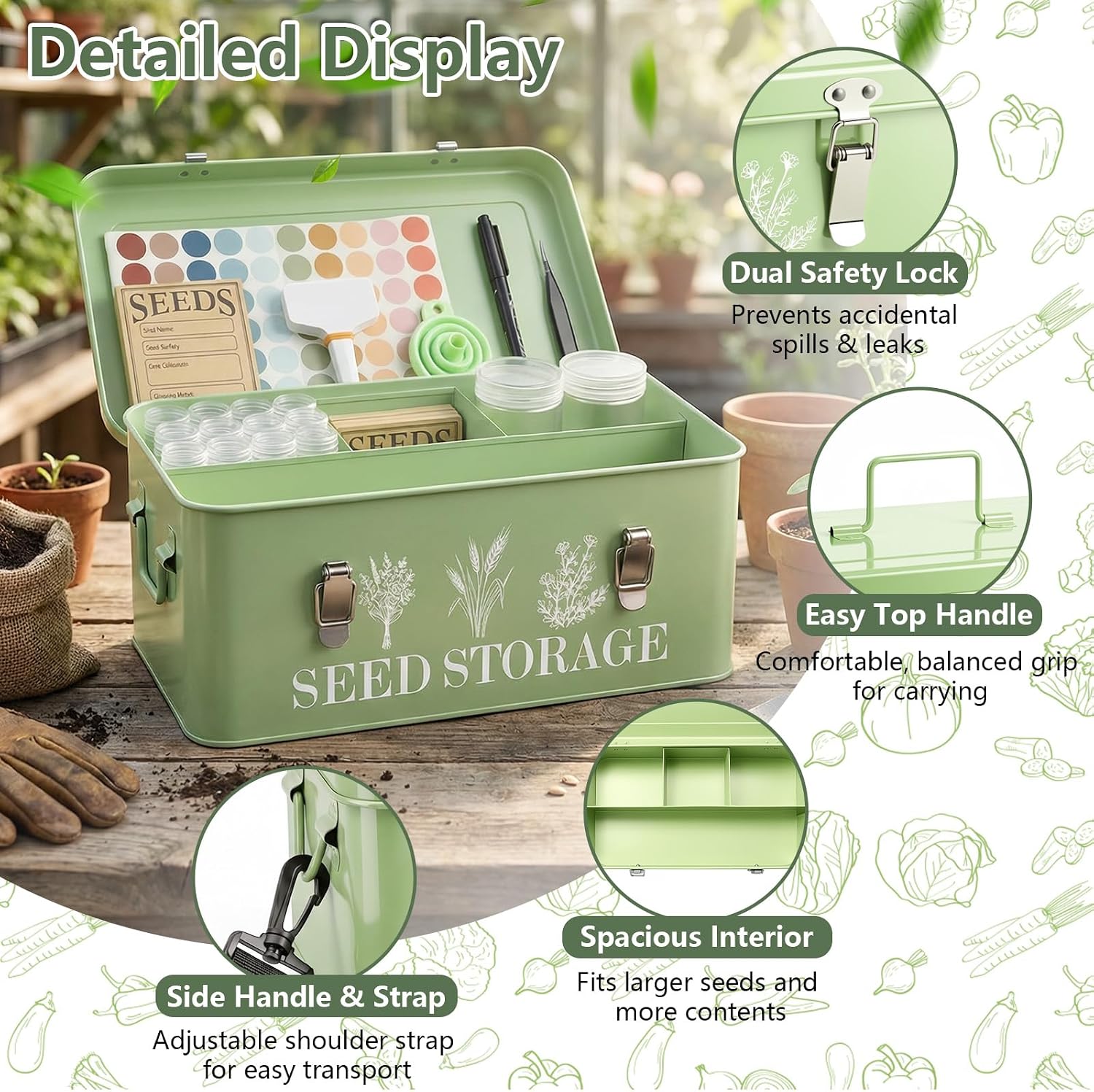 Seed Storage Organizer with Strap, 10 Large & 30 Small Bottles, Dual Locks | 70 Labels and 60 Seed Envelopes.Zinc Alloy