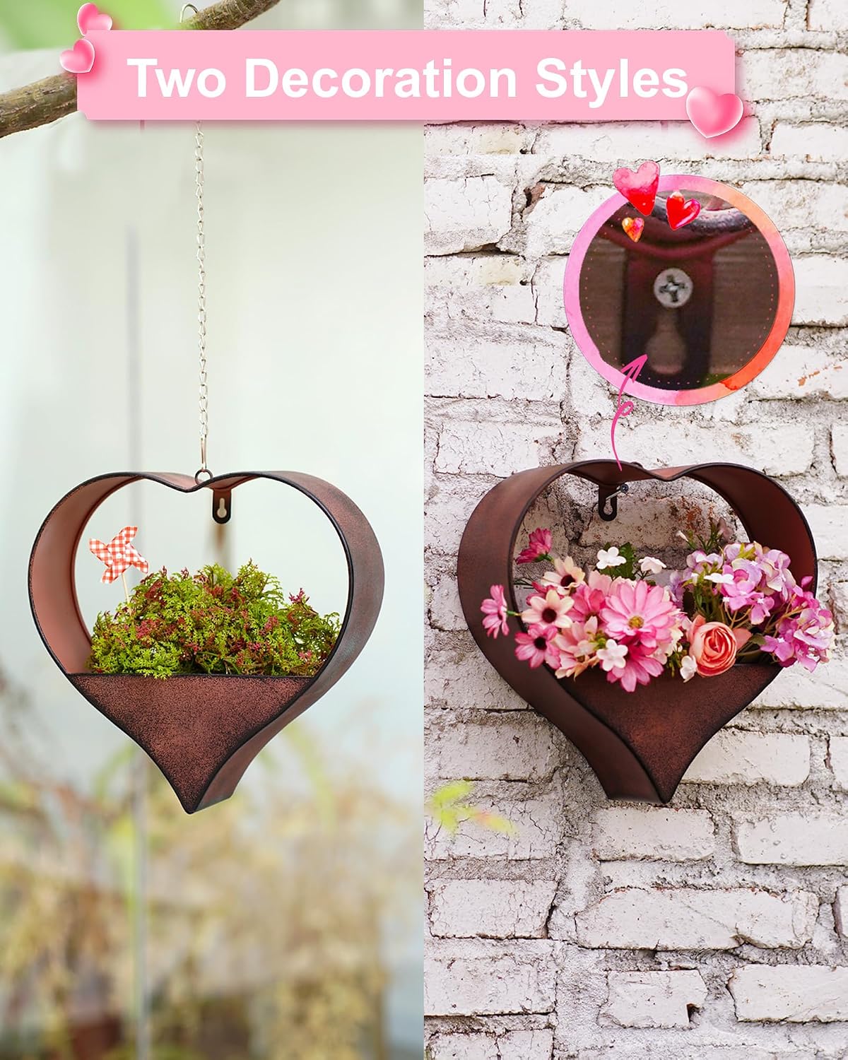 Metal Plant Hangers Indoor and Outdoor: Pots with Drainage Hole | Heart Shape Hanging Planters for Window Wall Living