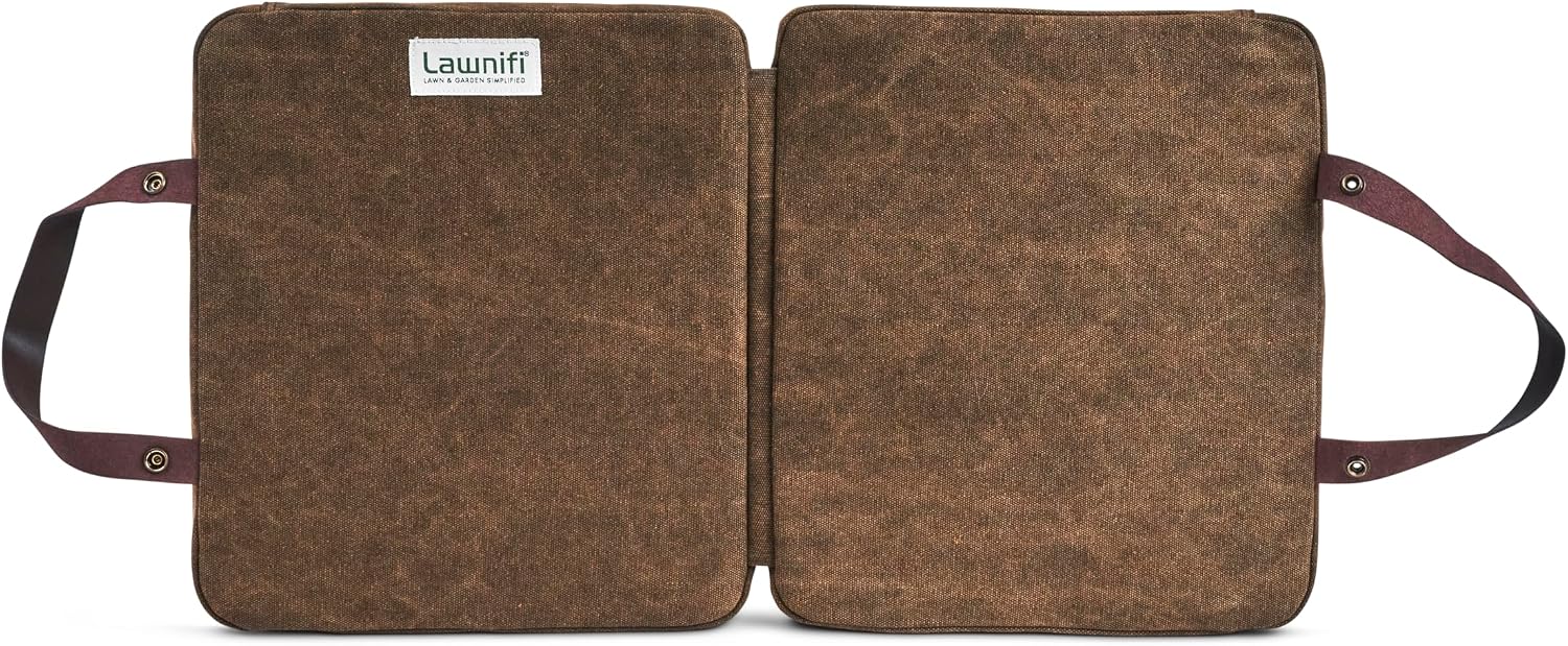 Lawnifi Kneeling Pad for Gardening with Extra Thick Memory Foam, Water Resistant Waxed Canvas and Genuine Leather