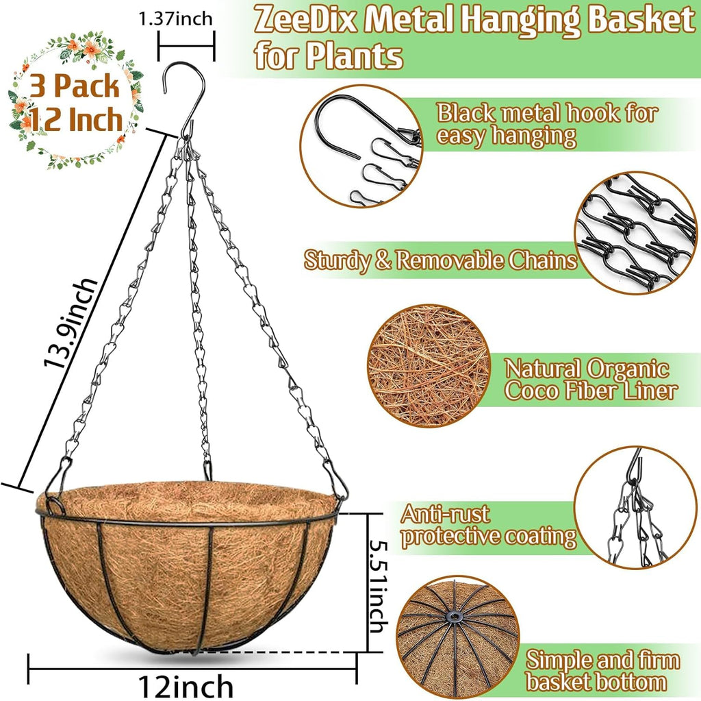 3 Pack 12 Inch Outdoor Hanging Baskets, Metal Wire Hanging Planters with Coconut Liners, Round Hanging Baskets for