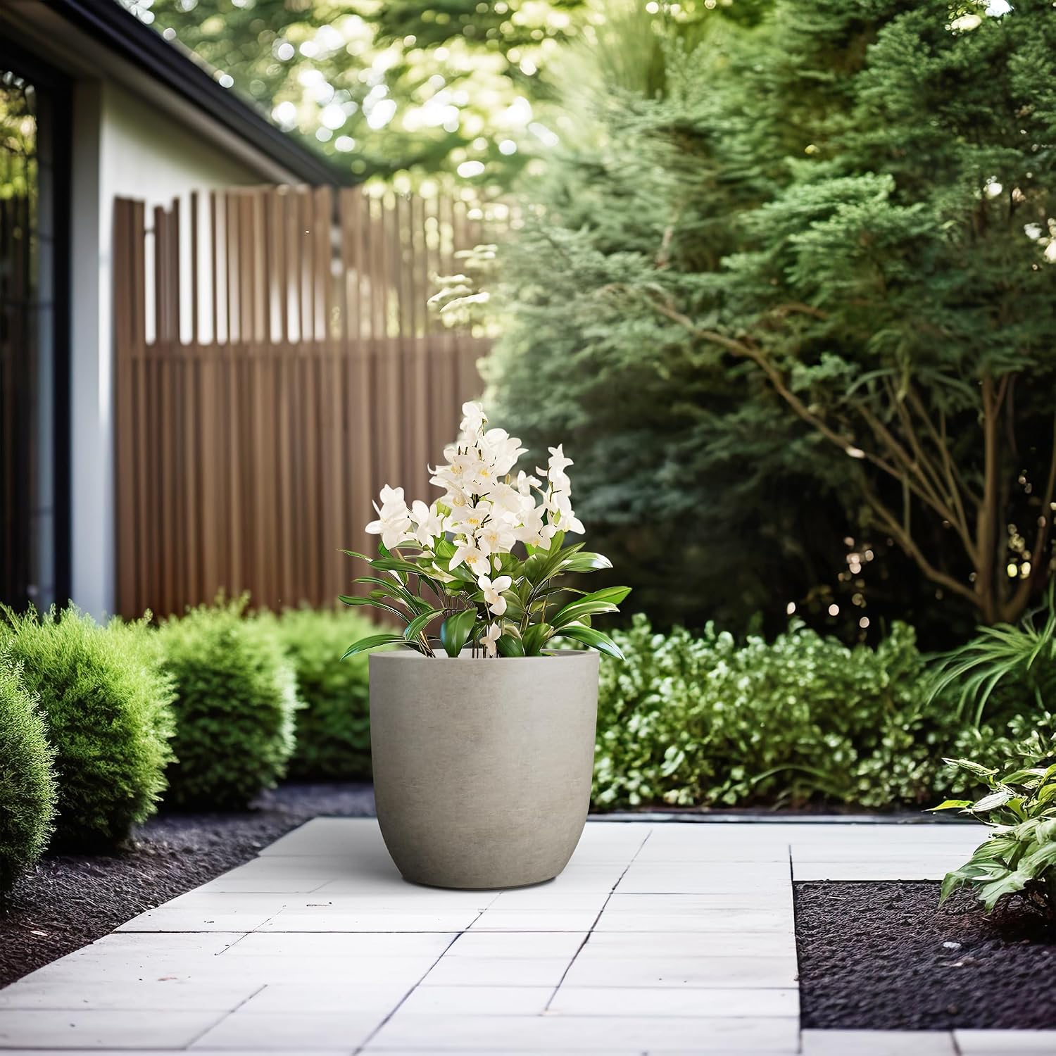 Kante Small Round Curved Weathered Concrete Planter 13.3" Dia, Outdoor | Rubber Plug for Indoor, Drainage for Garden