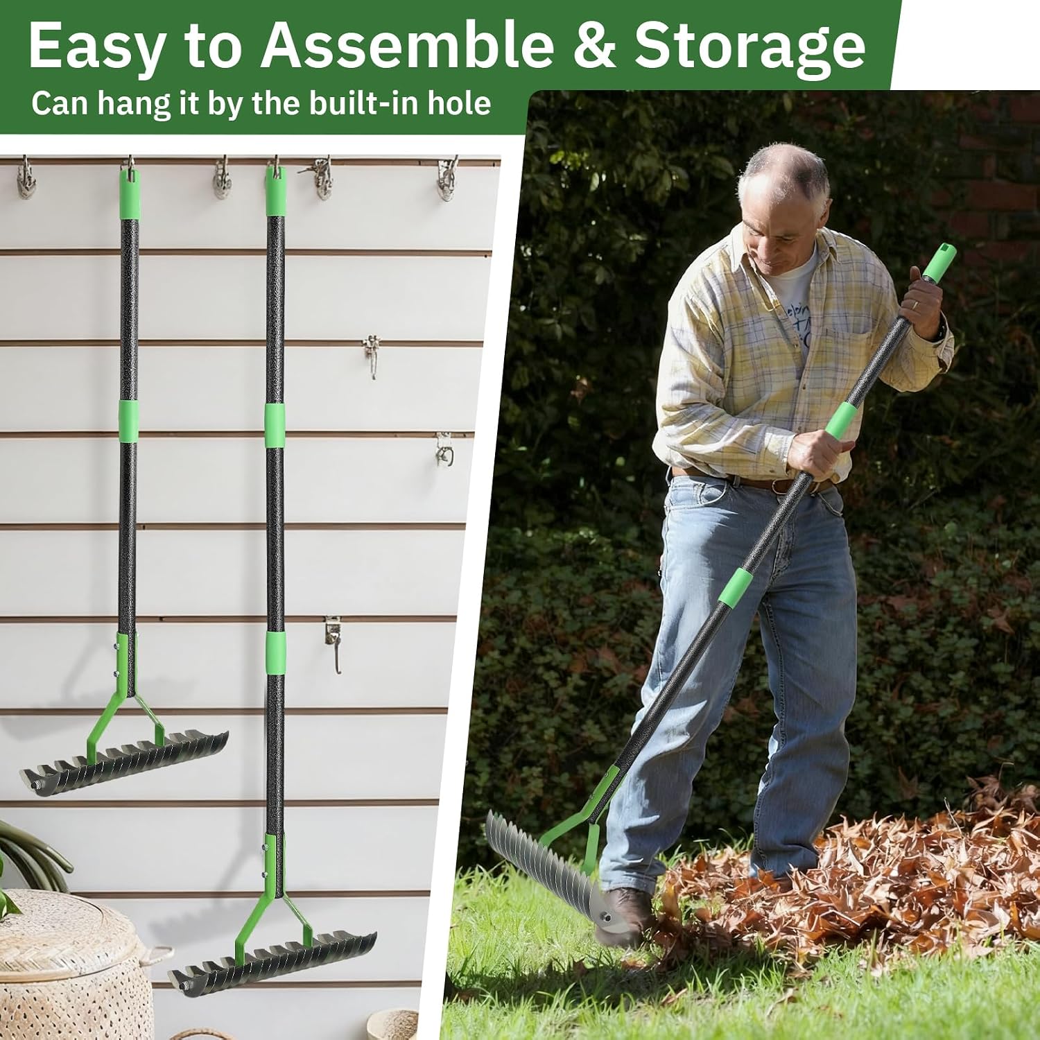 Thatch Rake, 13" Wide Efficient Dethatcher Rake with 70" Adjustable Long Handle, Heavy Duty Steel Metal Dethatching