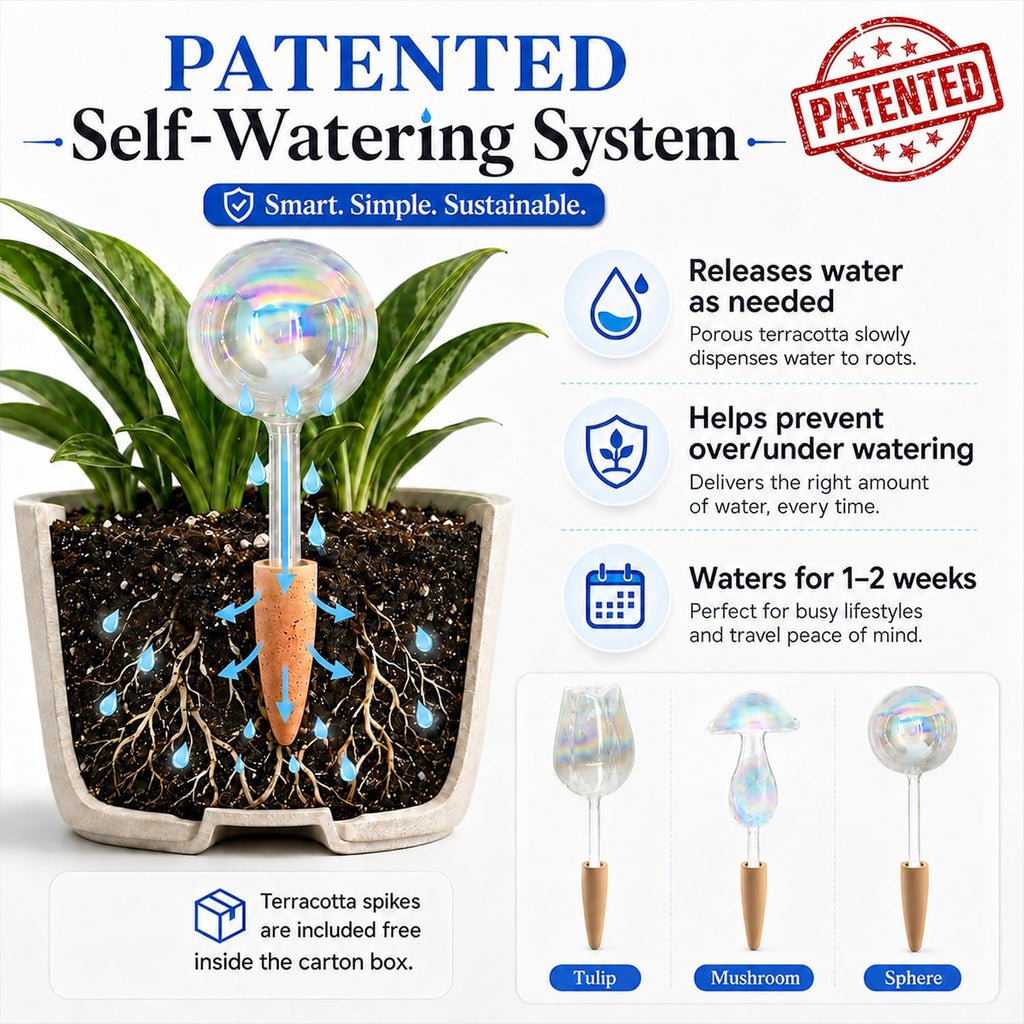 HyJeryty Non-Clogging Iridescent Ball Plant Watering Globes with Terracotta Spikes, Hand Blown Glass Self Watering