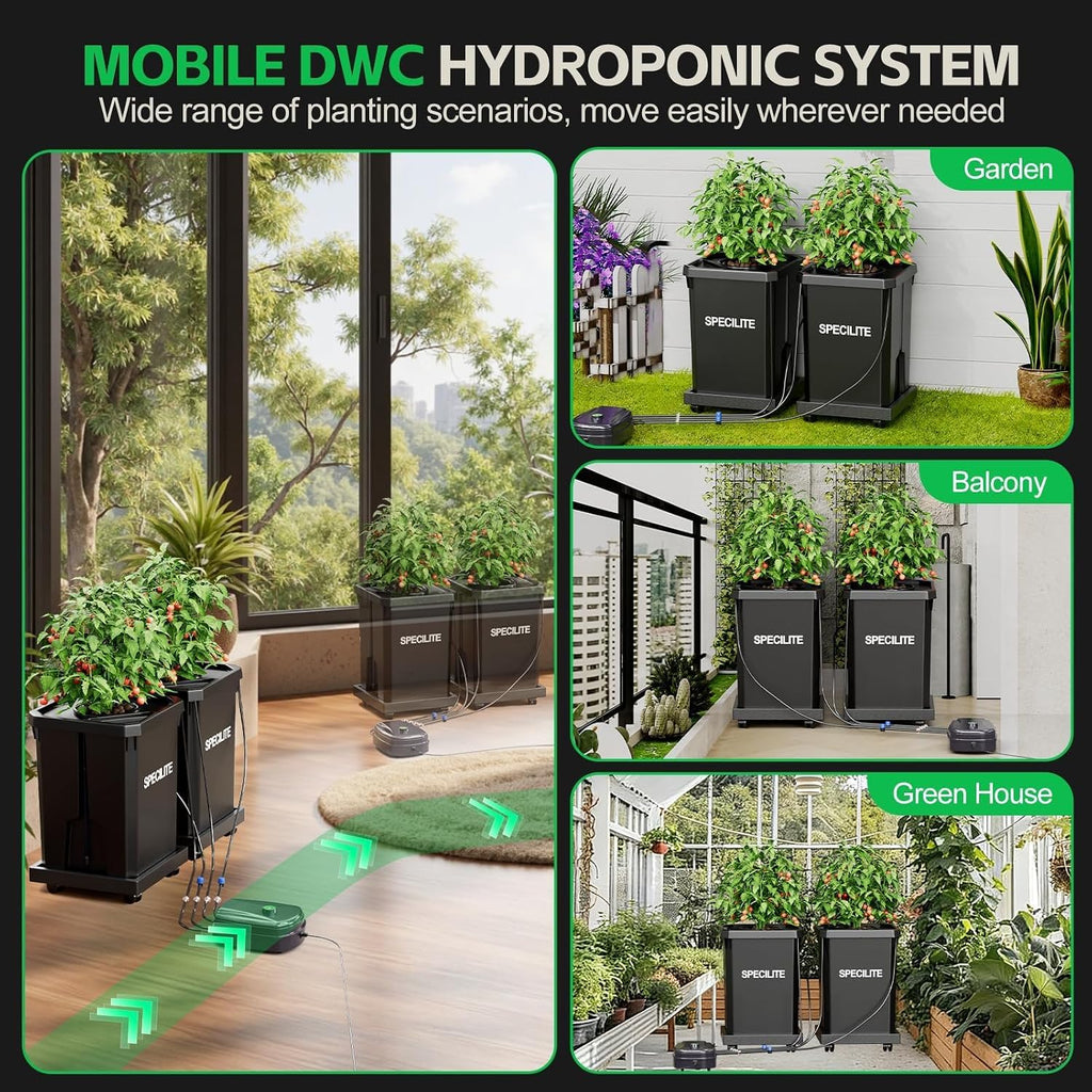 SPECILITE 7 Gallon 2 Buckets DWC Hydroponics Grow System with Wheels | Top Drip Kit, Deep Water Culture Recirculating