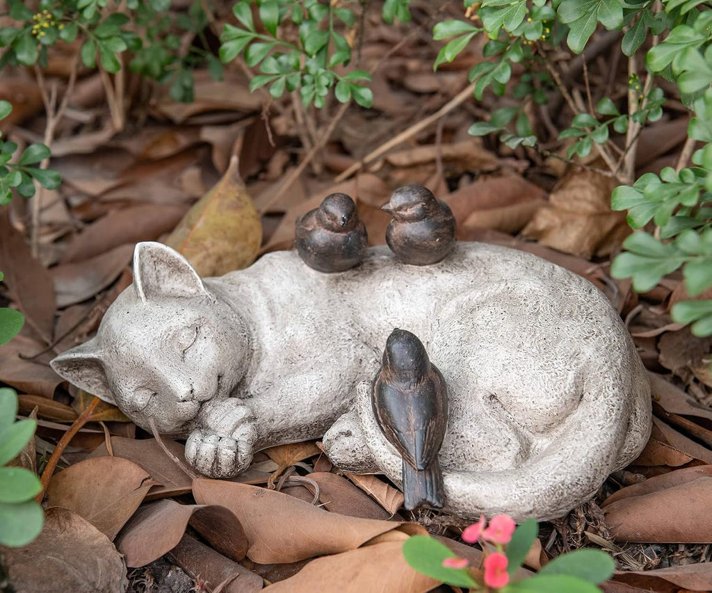 Sleeping Cat Garden Statues Outdoor - 12" Sparrows On Cat Figurine Memorial Statue Grave Markers Garden Resin Statues