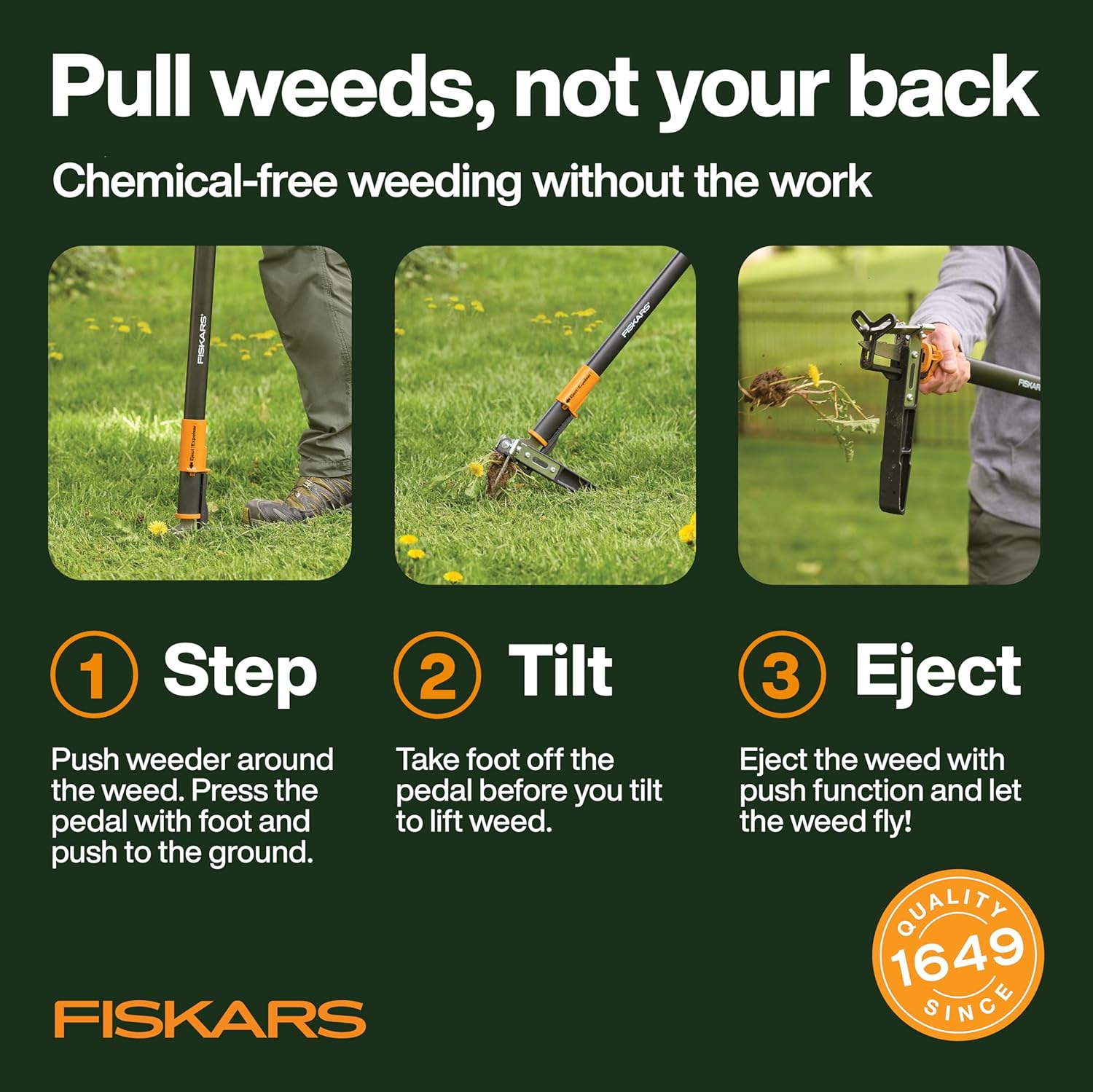 Fiskars Stand-Up Weed Puller Tool, 3 Serrated Stainless Steel Claws, 39"