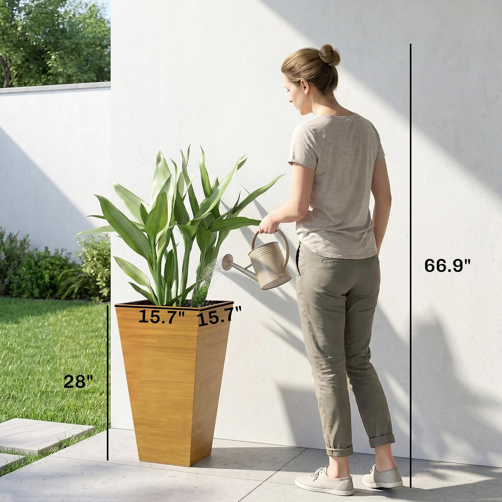 Outsunny 28 Inch Tall Planter for Outdoor Plants Set of 3, Light Brown | Taper Planter, Drainage Holes, Wood Grain