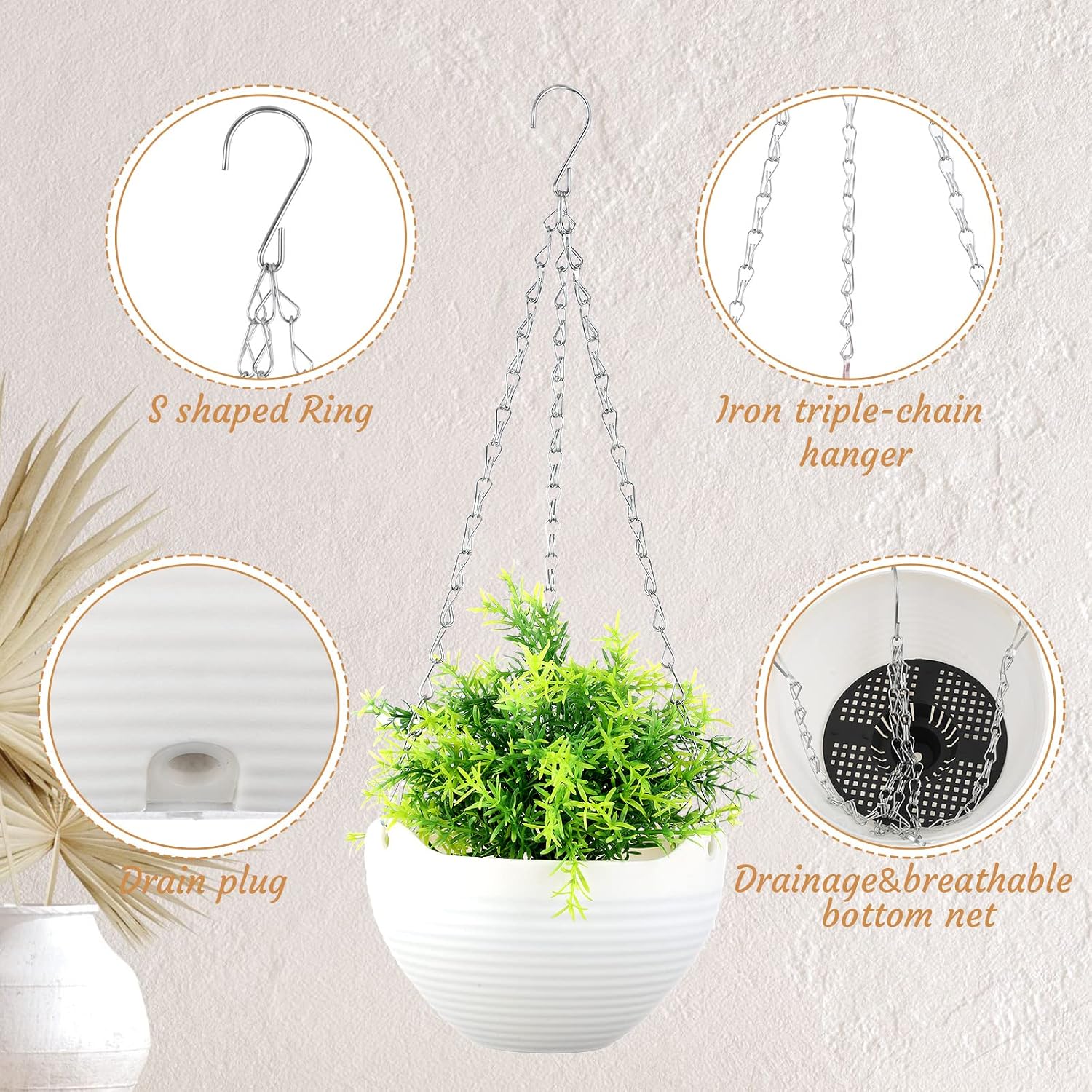 Zopeal 16 Pack Self Watering Hanging Planters 8 Inch Garden Flower Plant Pot Container with Drainer and Chain Round