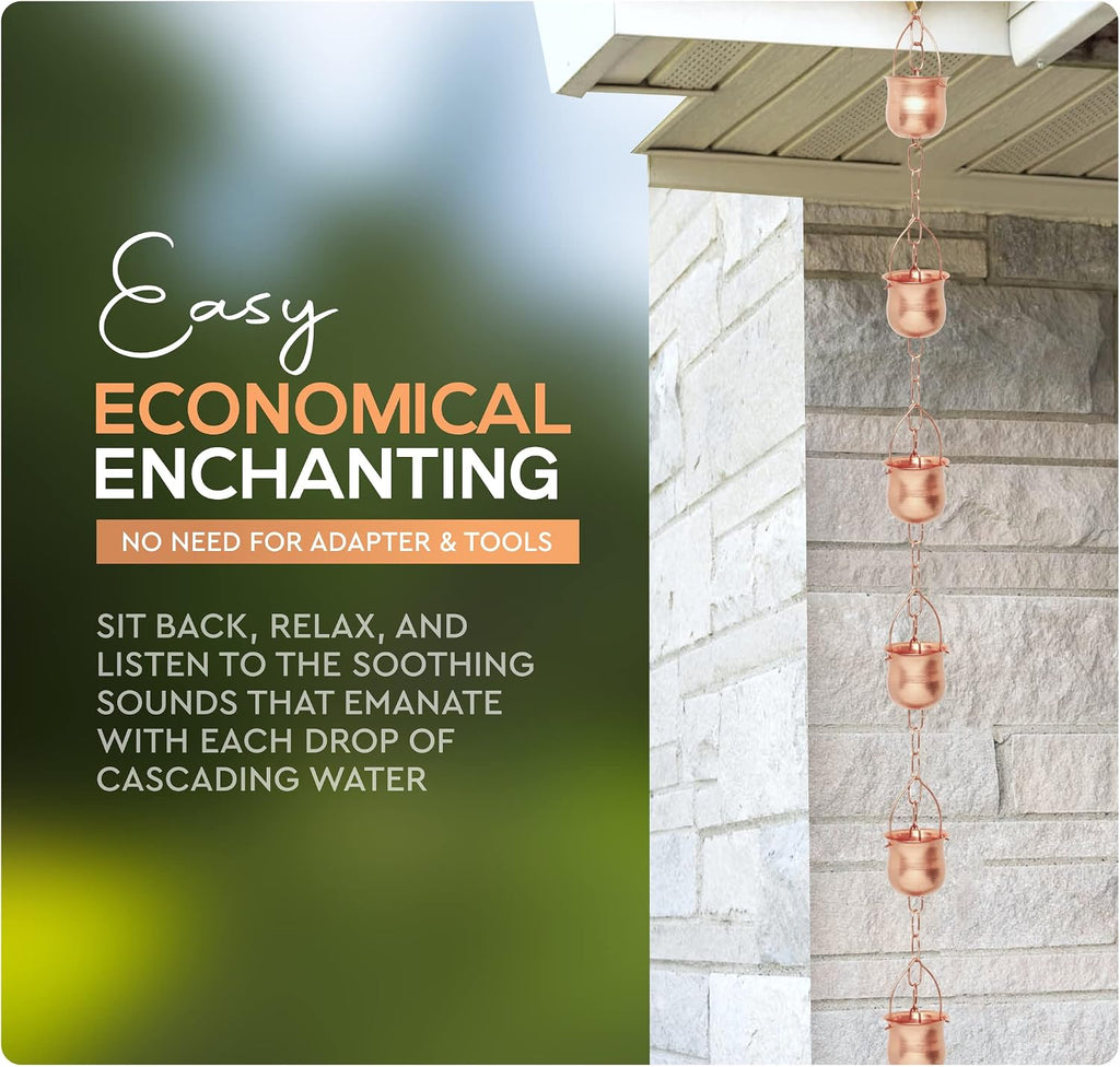 Copper Rain Chain – Decorative Chimes & Cups Replace Gutter Downspout & Divert Water Away from Home for Stunning