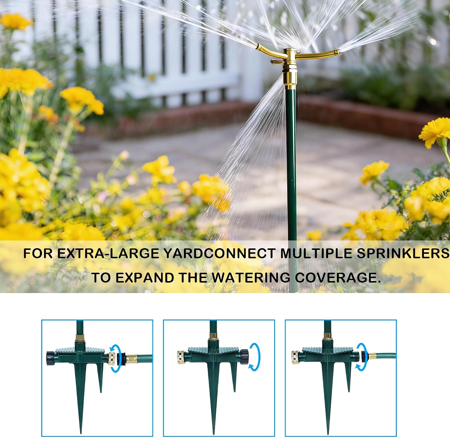 LIULO TOOL 2 Pack 3-Arm Garden Sprinkler, High-Rise Lawn Sprinkler with Adjustable Telescoping Rod and Spike Base, 360