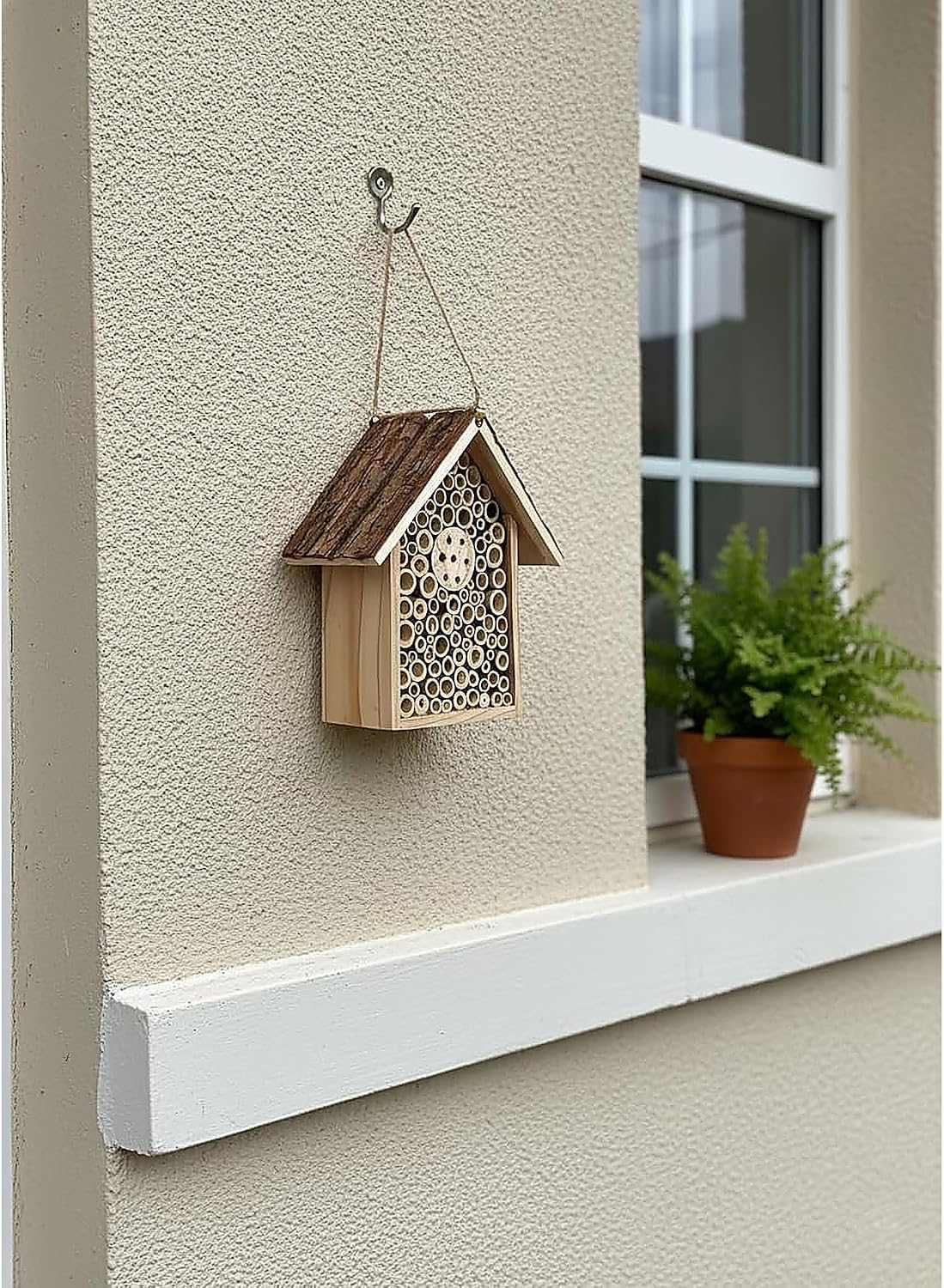Redwood Mason Bee House - Solitary Bee Hotel & Wooden Pollinator House | Leafcutter Bee Hive with Easy-Hang Jute Rope