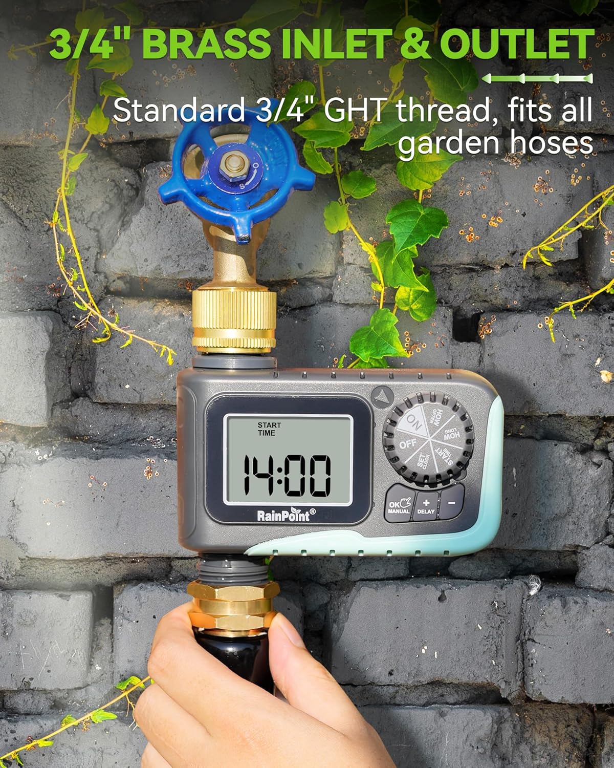 RAINPOINT Sprinkler Timer with Brass Swivel | Programmable Water Timer for Garden Hose with Rain Delay/Manual Watering