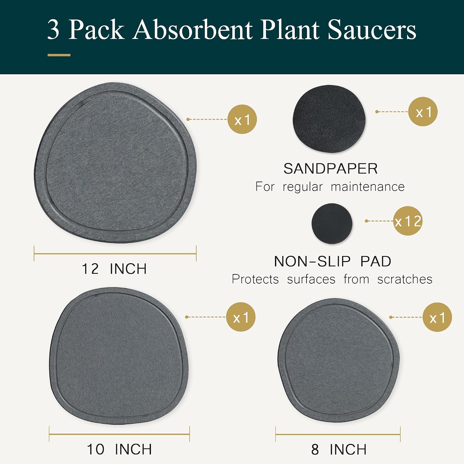 8 10 12in 3 Pack Diatomite Plant Trays to Catch Water, Plant Pot Saucers | XRzitky Quick Absorbent and Dry Water