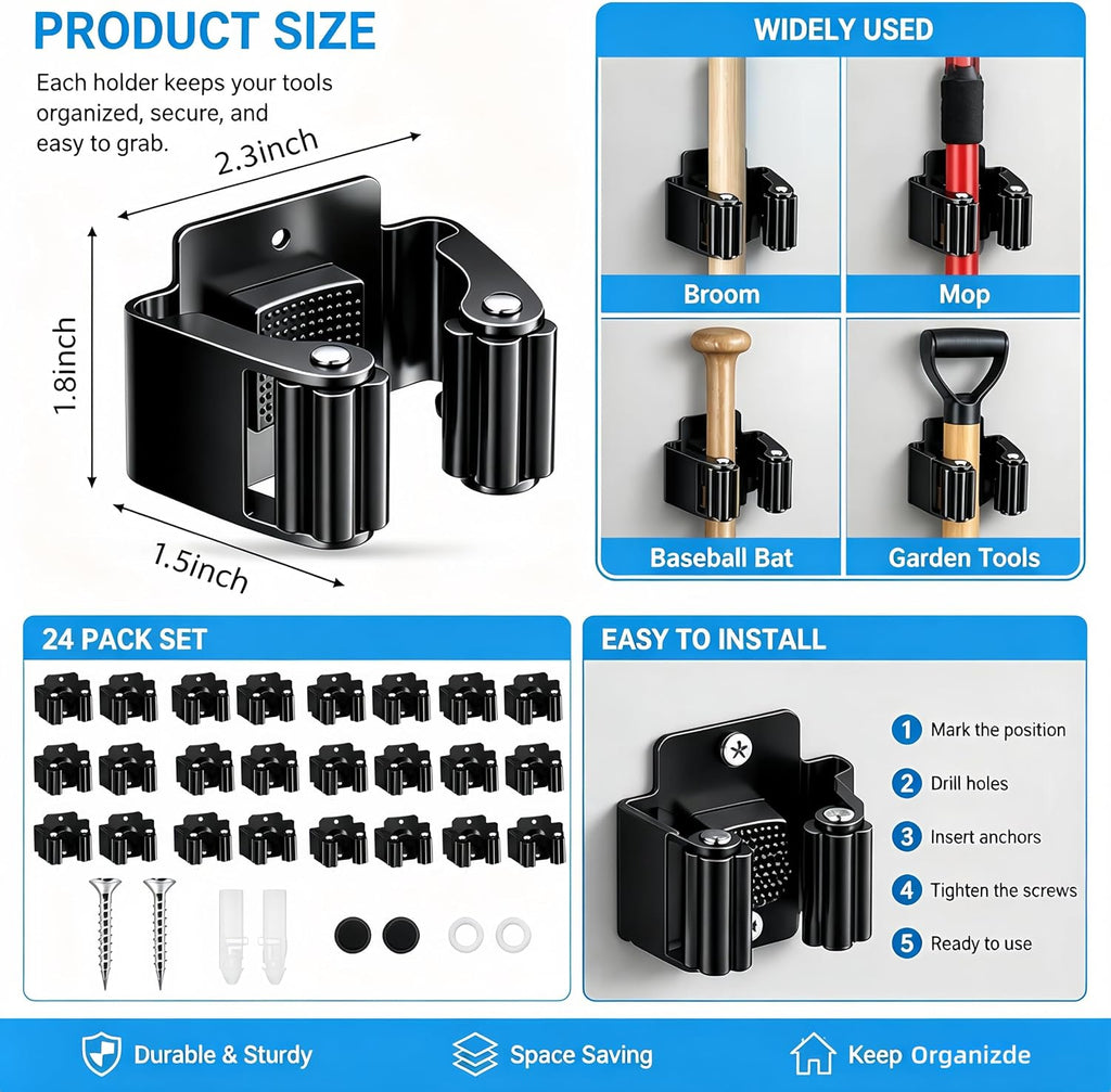 24 Pack Broom Holder Wall Mount, Tool Storage Mop Organizer, Shovel Rack Hooks For Garage Laundry Kitchen Garden Shovel