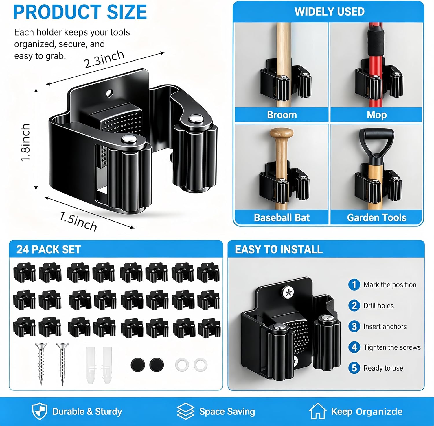 24 Pack Broom Holder Wall Mount, Tool Storage Mop Organizer, Shovel Rack Hooks For Garage Laundry Kitchen Garden Shovel