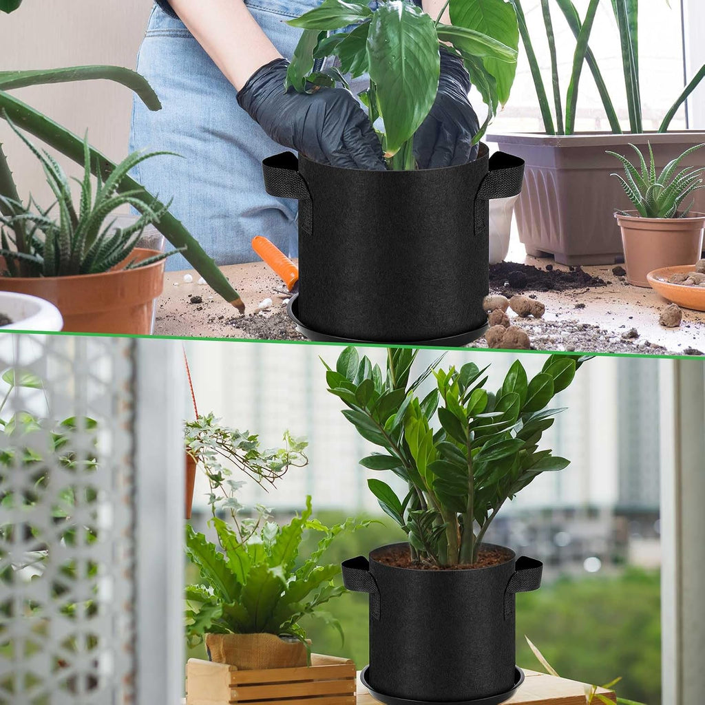Funnymoom 24 Sets 2 Gallon Grow Bag with Plant Saucers, Durable Aeration Fabric Pots with Handles Black Drainage