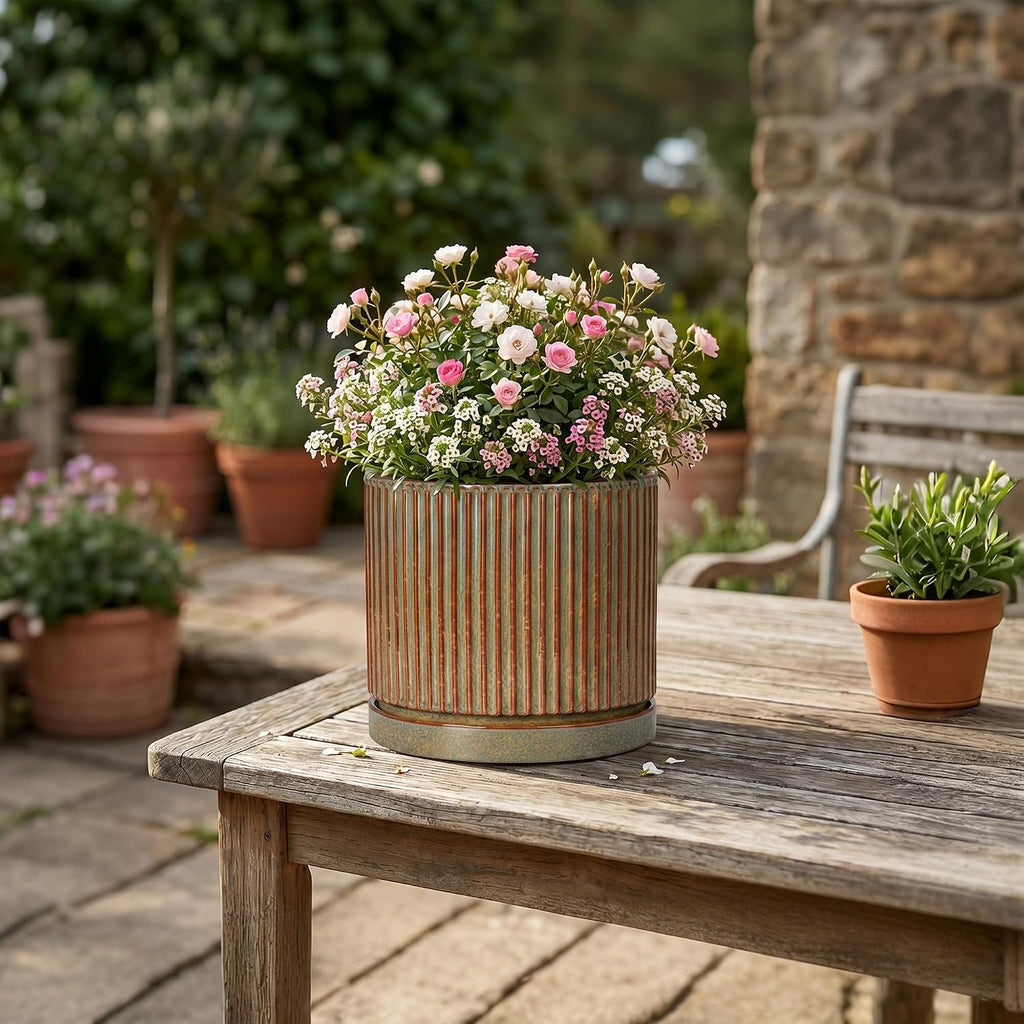 6 Inch Plant Pot, Ceramic Planters with Saucer, Retro Brown | Round Flower Pots with Drainage Hole, Indoor Pots for