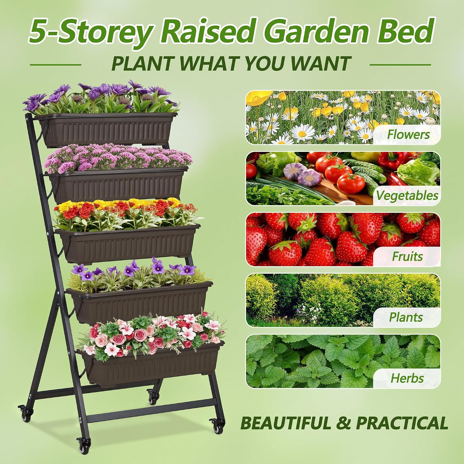 VECELO 5-Tier Vertical Garden Bed, Freestanding Elevated Raised Garden Planter with 5 Garden Planter Boxes, Lockable