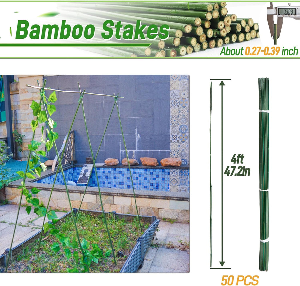 50Pcs 4ft Bamboo Sticks for Indoor Outdoor Plants, 0.29"-0.38" Natural Bamboo Poles, Durable Garden Stakes for