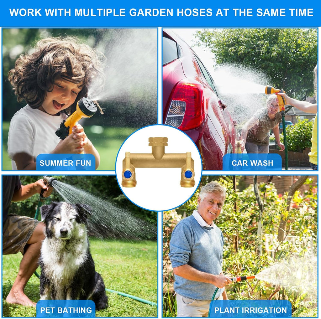 Brass Garden Hose Splitter, Garden Hose Splitter 2 Way Heavy Duty, Outdoor Hose Splitter, GHT 3/4 in. Female Inlet and