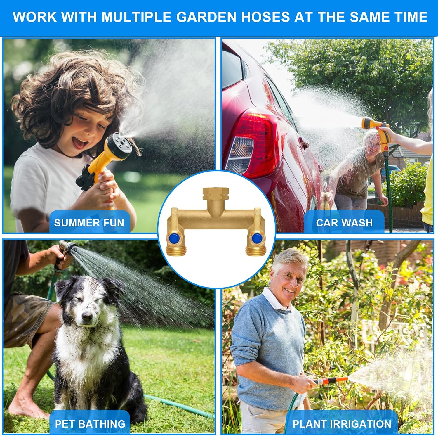 Brass Garden Hose Splitter, Garden Hose Splitter 2 Way Heavy Duty, Outdoor Hose Splitter, GHT 3/4 in. Female Inlet and