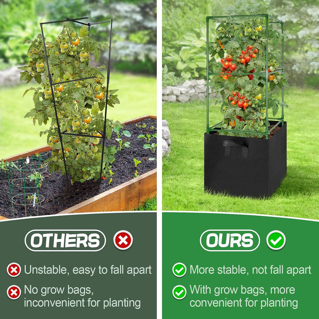 ANPHSIN Sturdy Square Tomato Cage with Movable 17 Gal Grow Bags, 3 Sets | 46'' Plants Garden Trellis Planter, Support