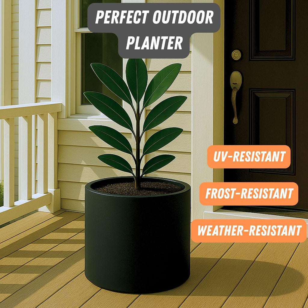 Fox & Fern Large Planter for Indoor or Outdoor, Matte Black, 14.6 Inch | UV & Frost Resistant, 70% Lighter than