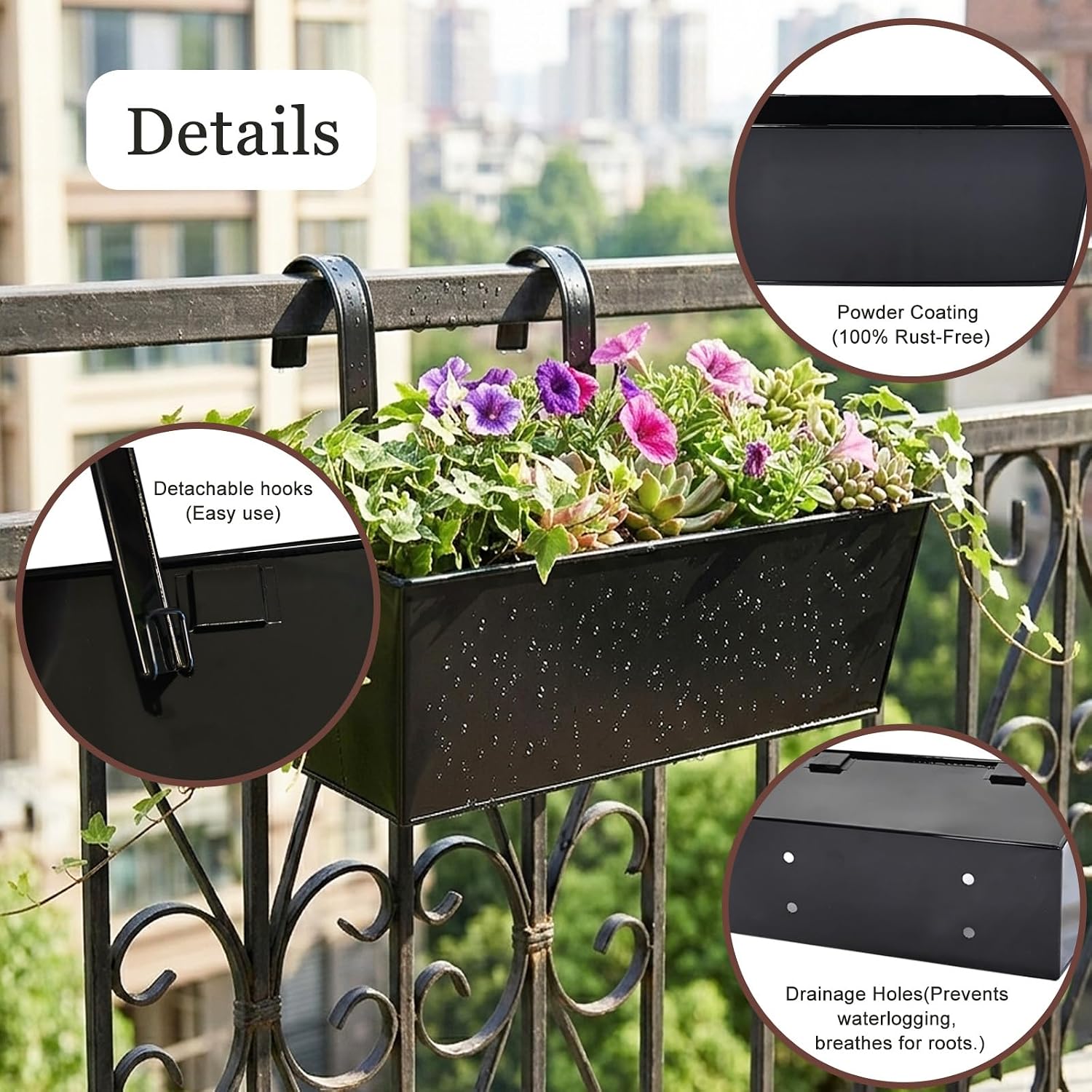6 Pack 12" Outdoor Metal Balcony Fence Railing Planters, Rectangular Black | Detachable hooks, Drainage holes