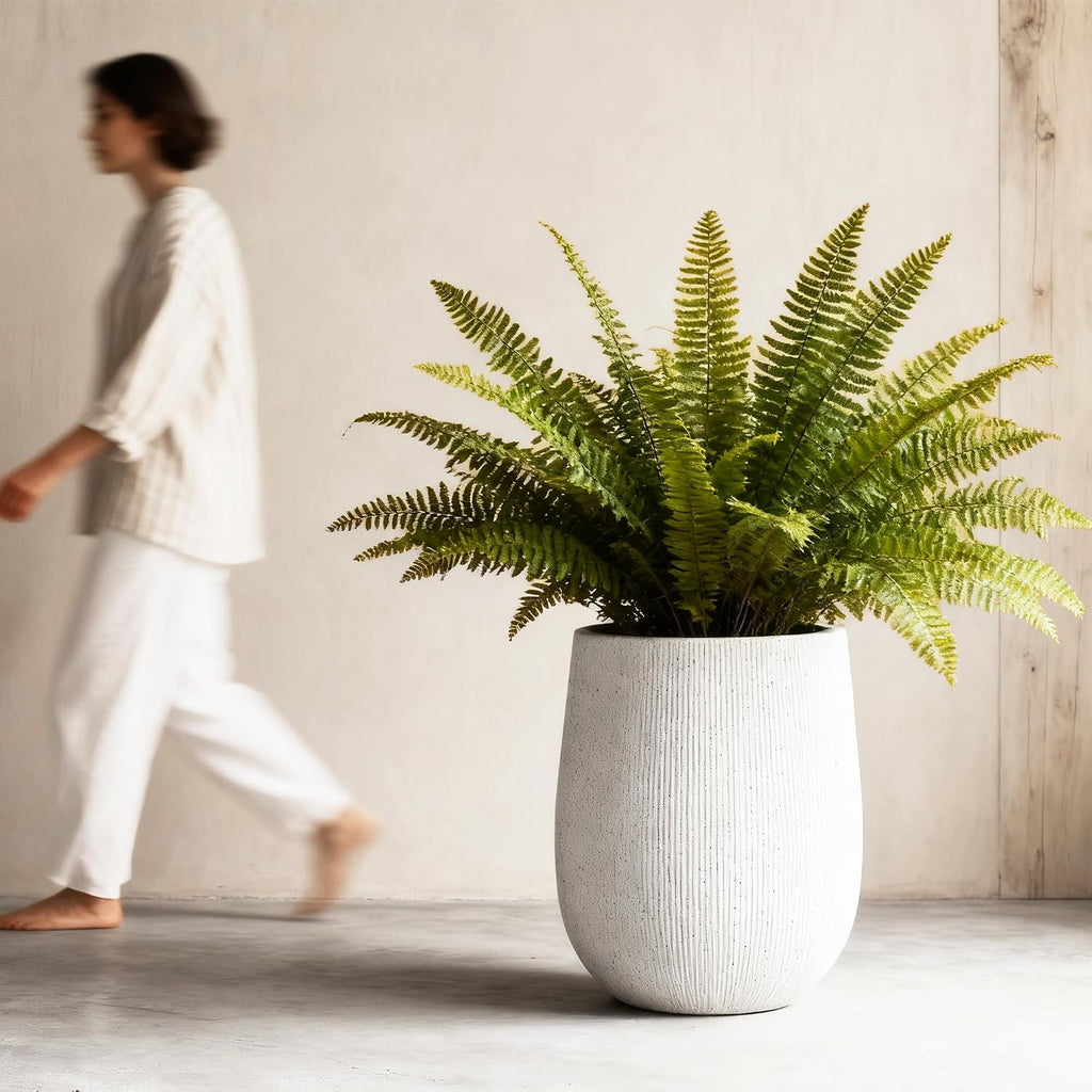 Worth Garden White Large Round Planter, 12.5" Dia x 18.5" H Lightweight Magnesium Oxide Cement Plant Pot with a Striped